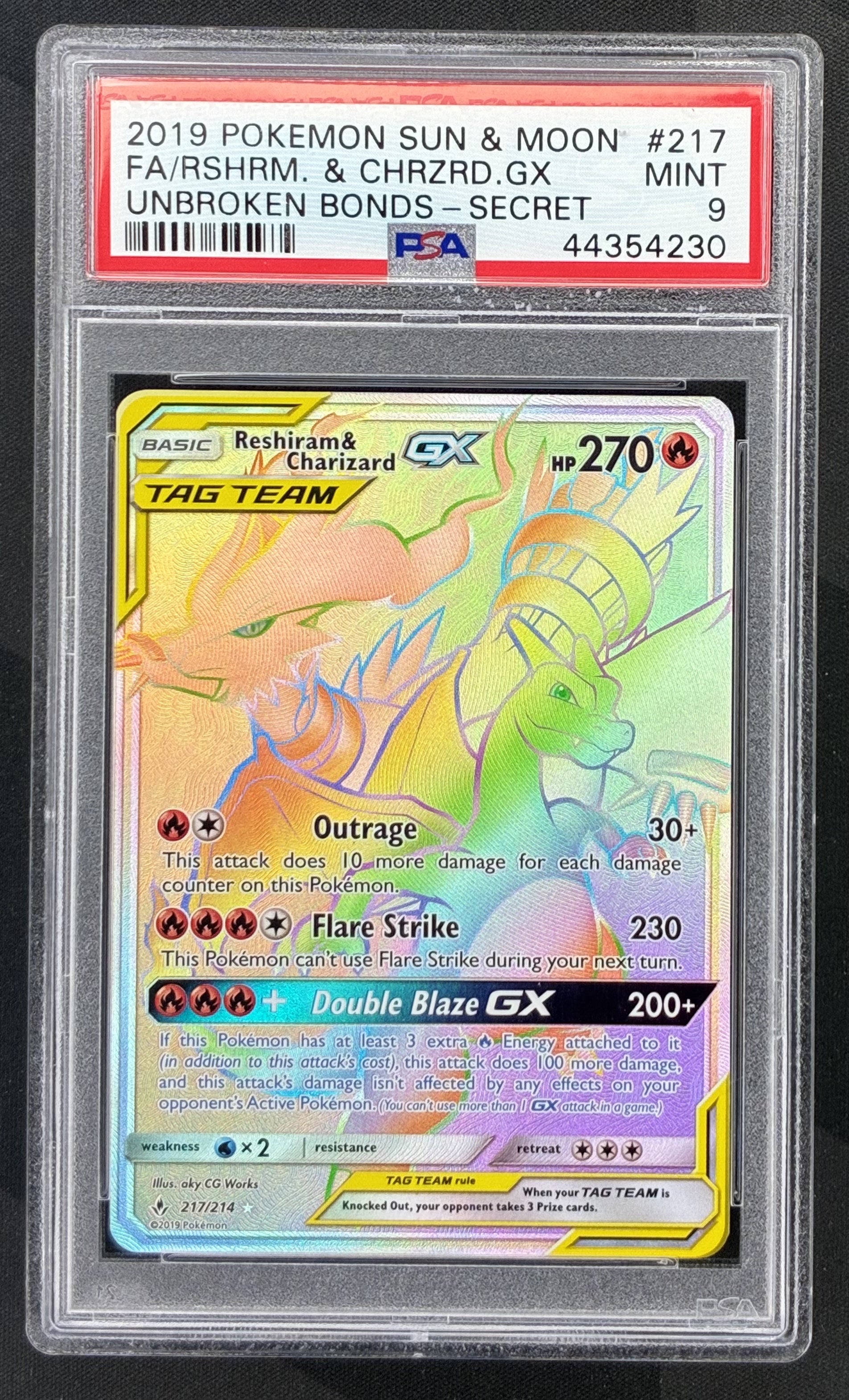 2019 Pokémon Unbroken Bonds Reshiram and Charizard GX Secret Rare Rainbow 217/214 English card graded PSA 9 Mint.