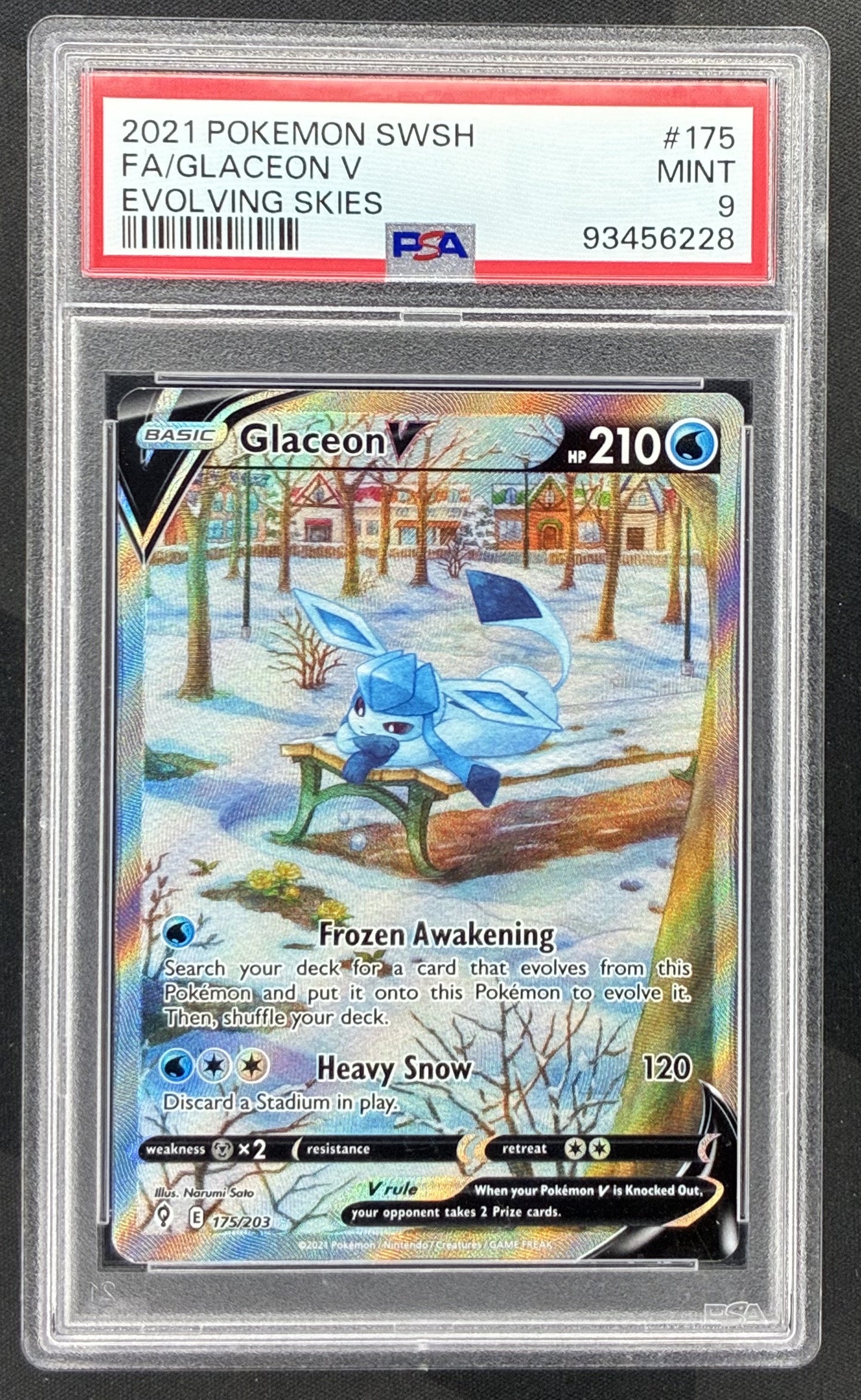 2021 Pokémon Evolving Skies Glaceon V Alternate Full Art 175/203 English card graded PSA 9 Mint.