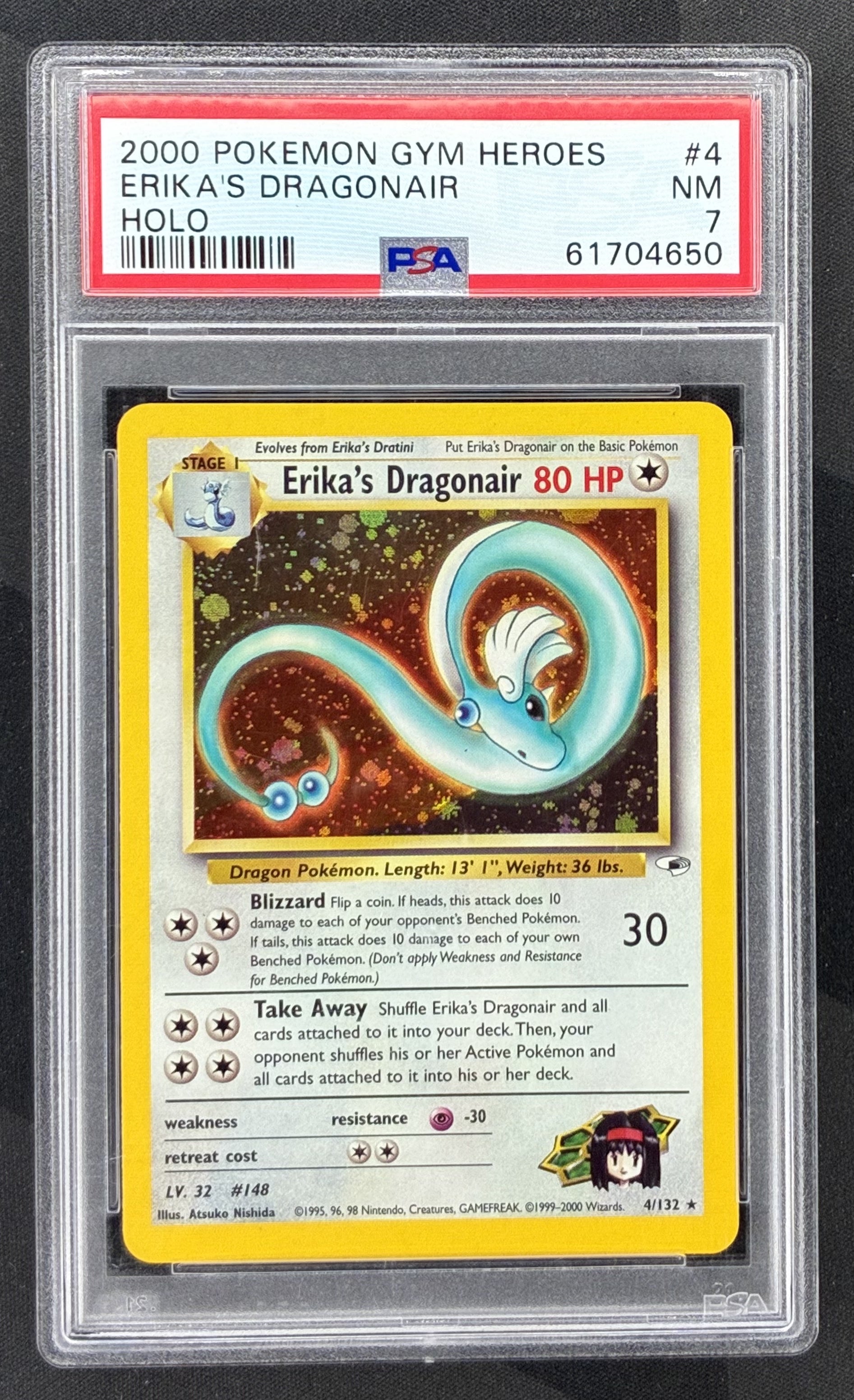 2000 Pokémon Gym Heroes Erika's Dragonair Holo 4/132 Unlimited Wizards of the Coast card graded PSA 7 NM.