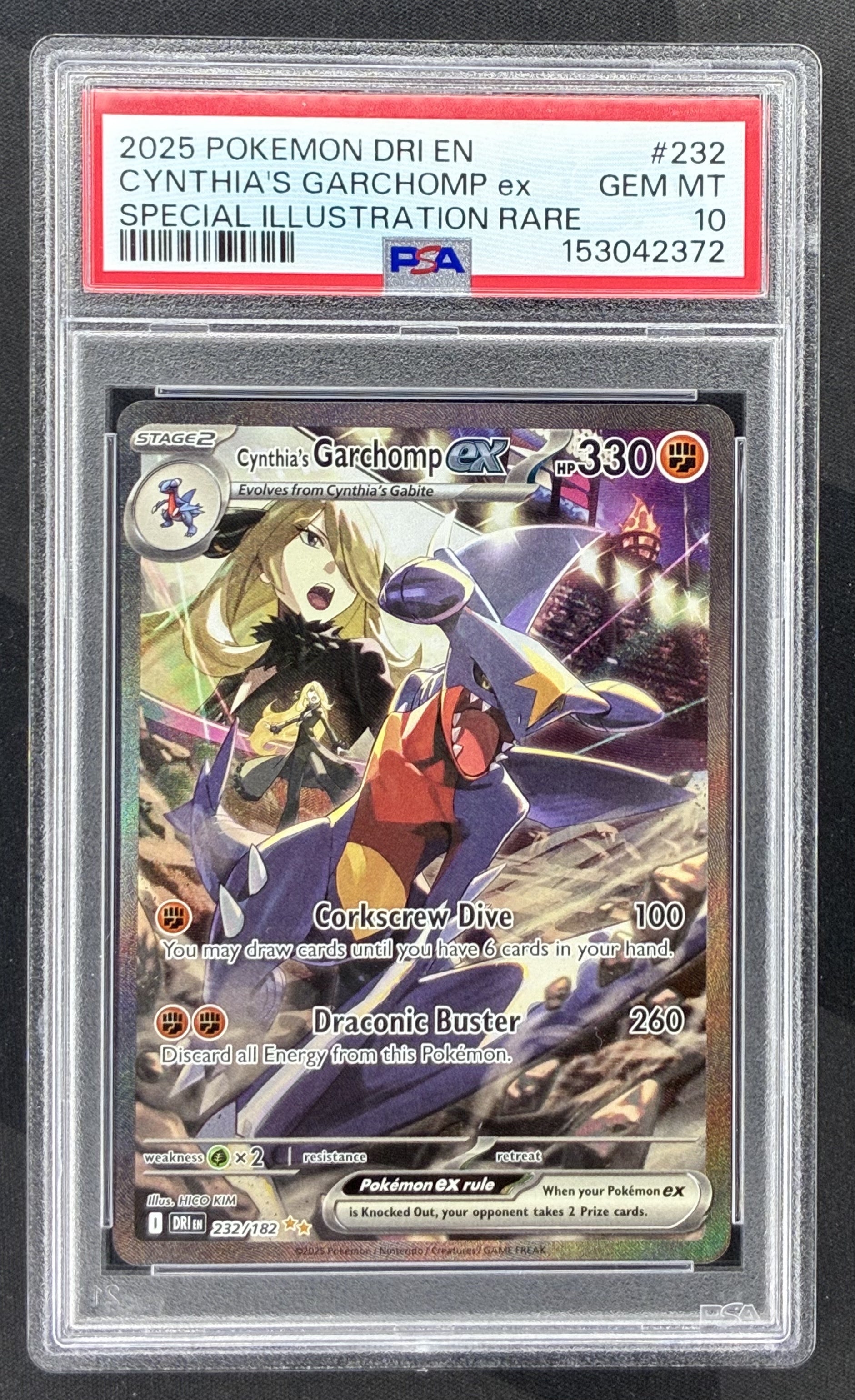 2025 Pokémon Destined Rivals Cynthia's Garchomp ex Special Illustration Rare 232/182 English card graded PSA 10 Gem Mint.