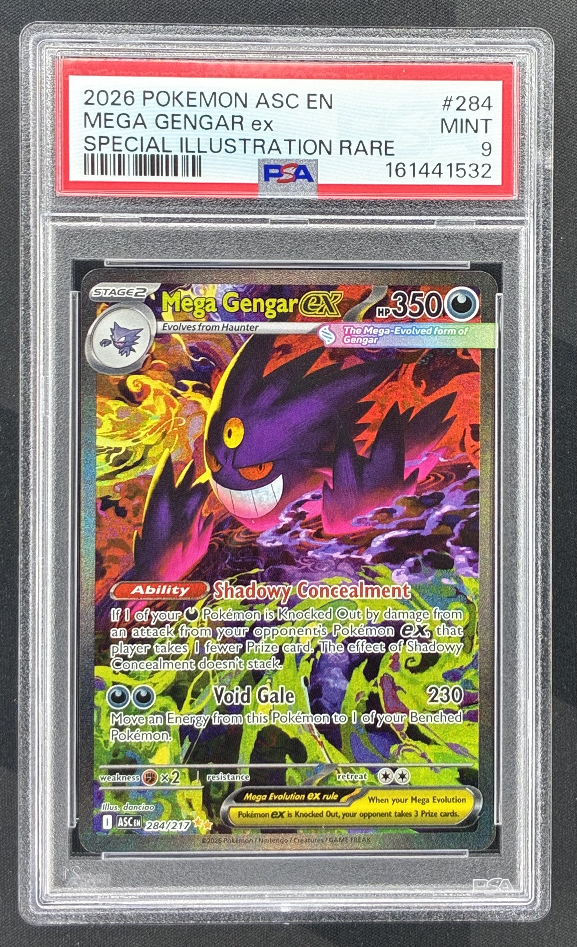 2026 Pokémon Ascended Heroes Mega Gengar ex Special Illustration Rare SIR 284/217 English card graded PSA 9 Mint.