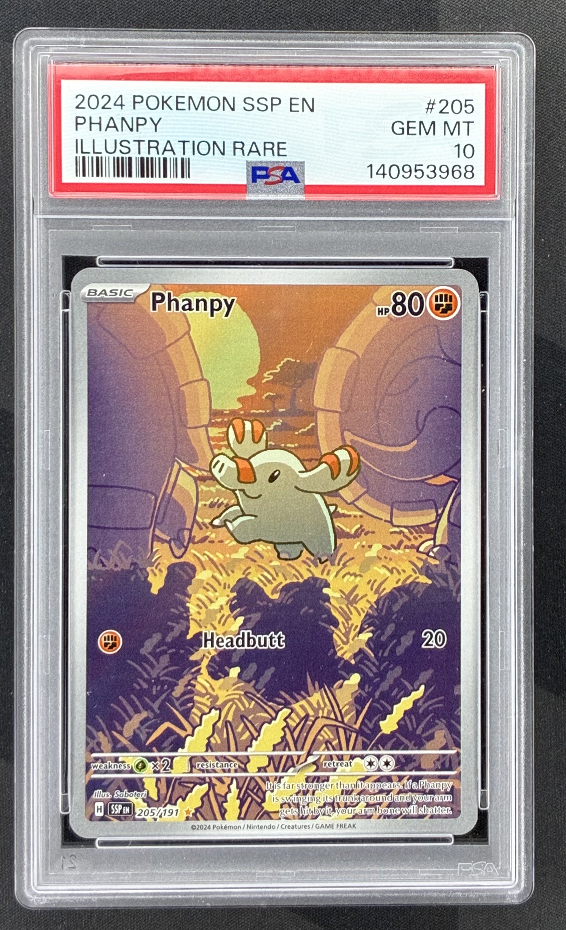 2024 Pokémon Surging Sparks Phanpy Illustration Rare 205/191 English card graded PSA 10 Gem Mint.