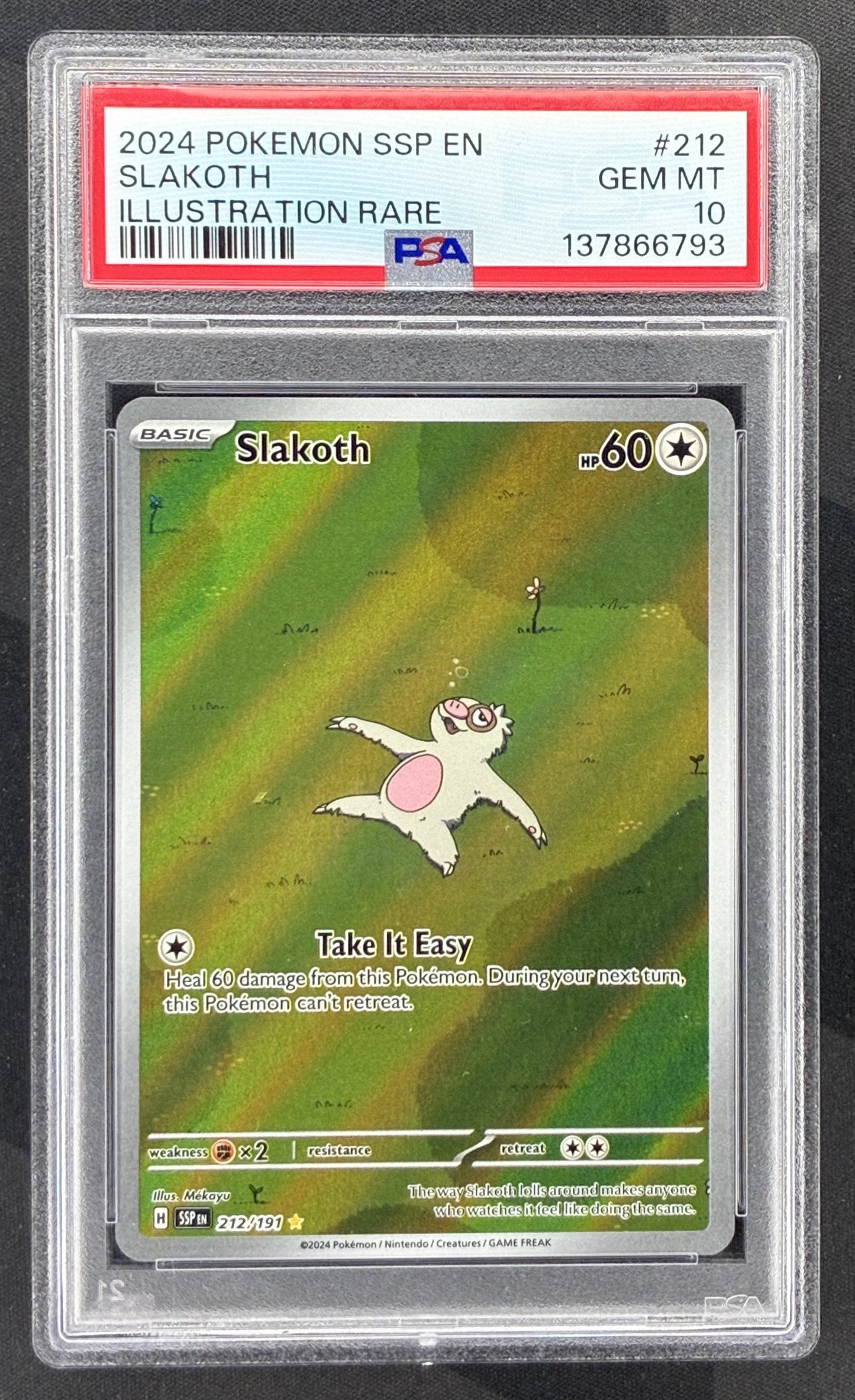 2024 Pokémon Surging Sparks Slakoth Illustration Rare 212/191 English card graded PSA 10 Gem Mint.