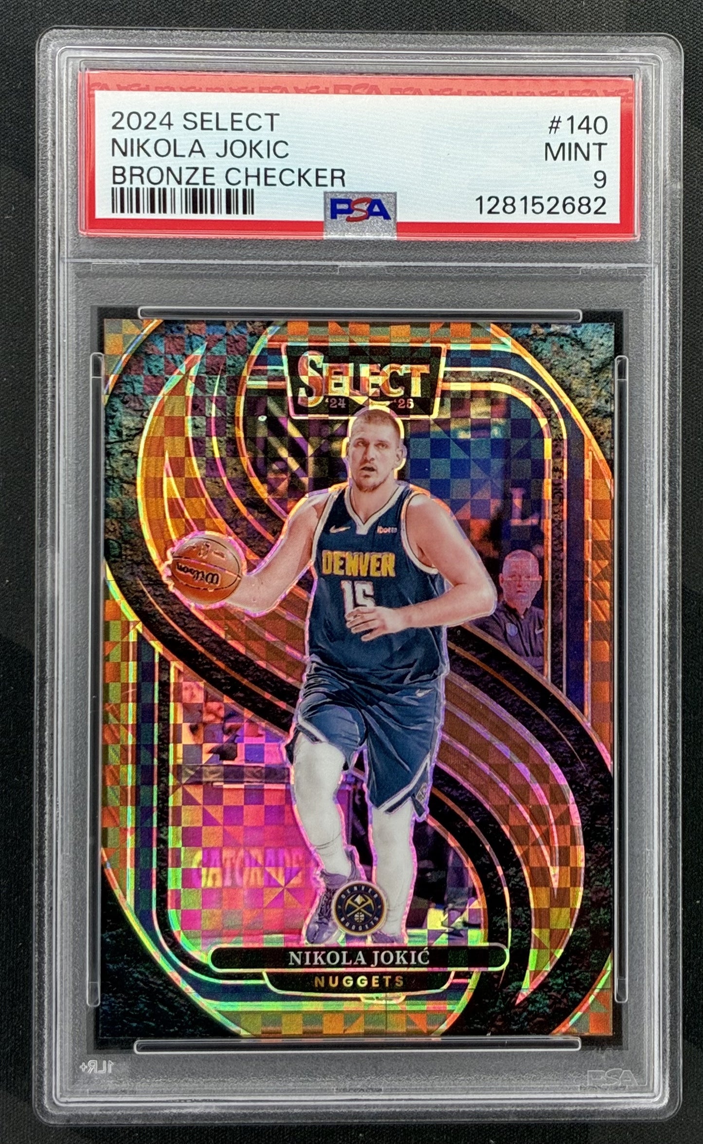 2024-25 Panini Select Nikola Jokic Concourse #14 Bronze Checker Prizm Denver Nuggets basketball card numbered /49 and graded PSA 9 Mint.