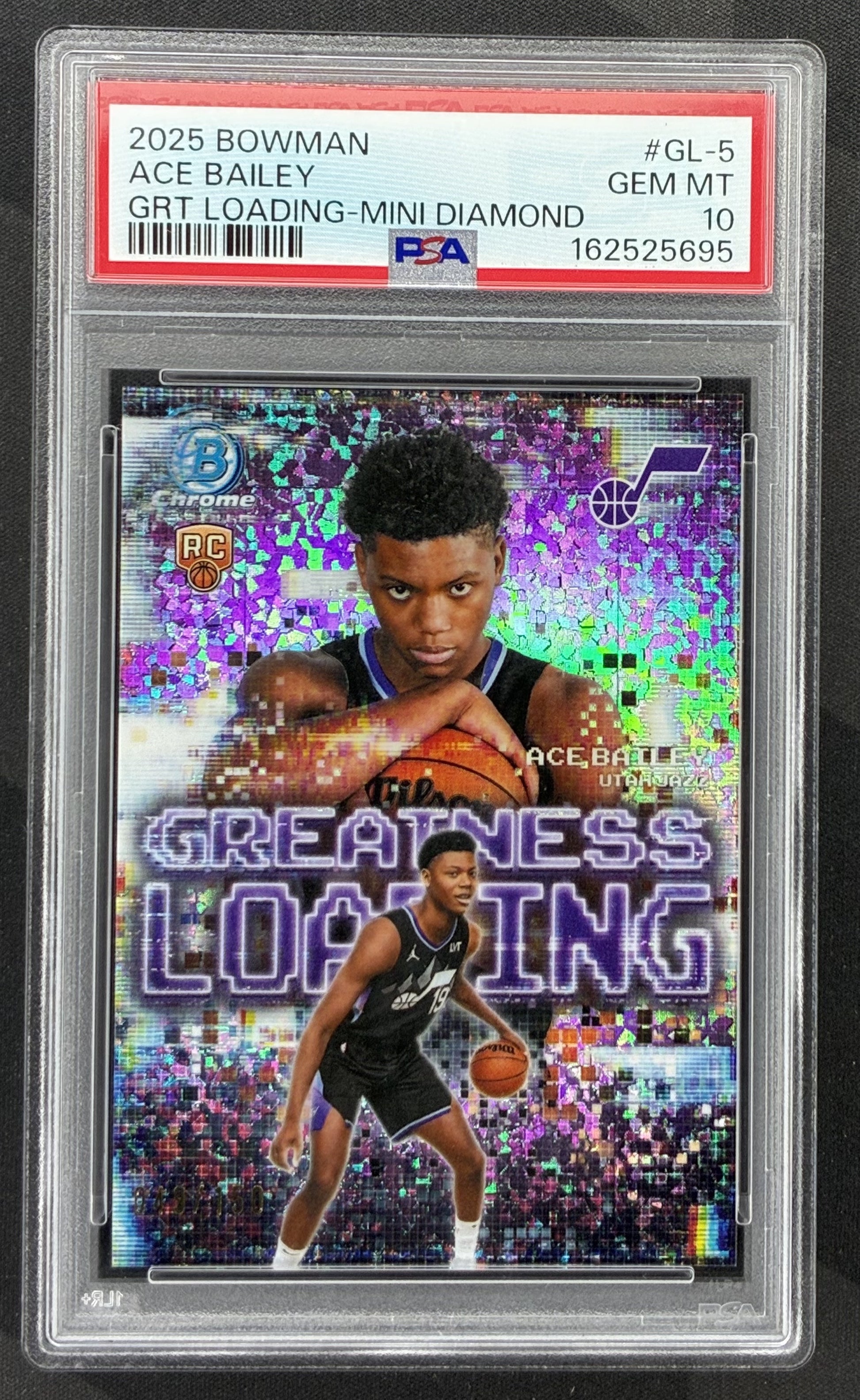 2025-26 Bowman Chrome Ace Bailey Greatness Loading #GL-5 Mini-Diamond Refractor rookie card numbered /150 and graded PSA 10 Gem Mint.