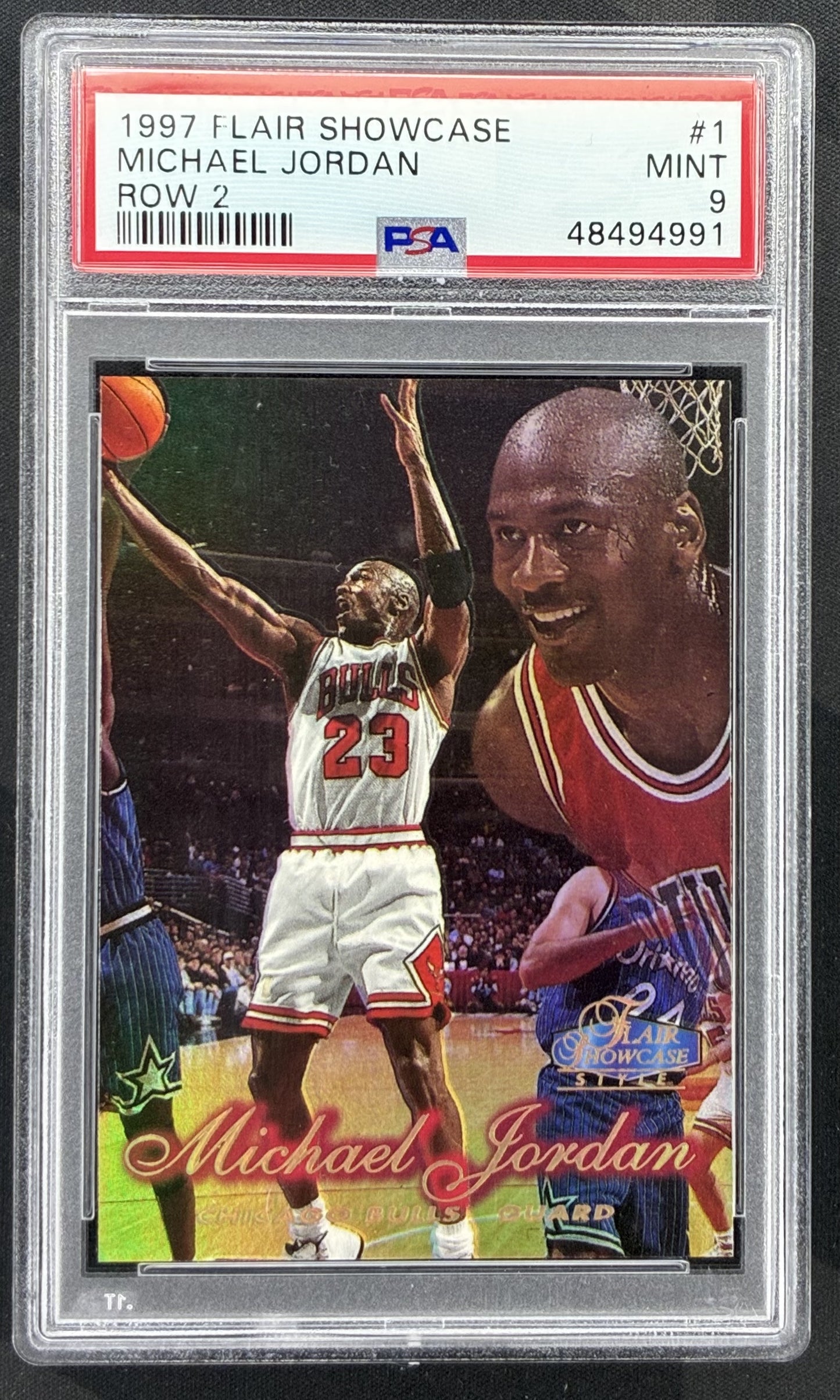 1997-98 Fleer Flair Showcase Michael Jordan #1 Section 2 Row 2 Seat 1 Showstopper Chicago Bulls card graded PSA 9 Mint.