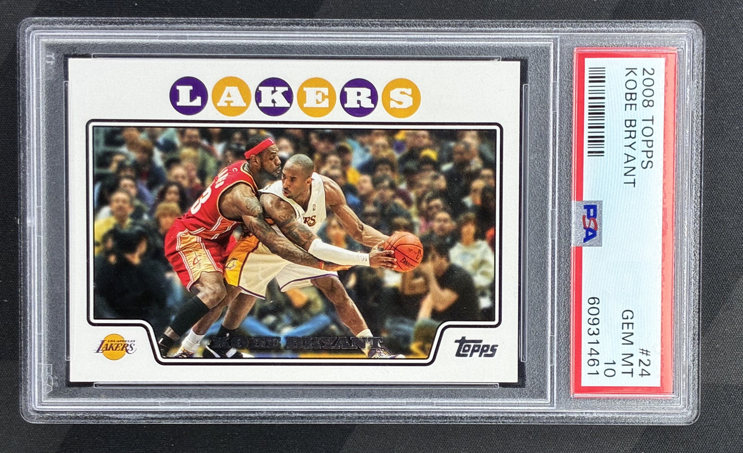 2008-09 Topps Kobe Bryant #24 Los Angeles Lakers basketball card featuring LeBron James guarding Kobe graded PSA 10 Gem Mint.
