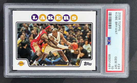 2008-09 Topps Kobe Bryant #24 Los Angeles Lakers basketball card featuring LeBron James guarding Kobe graded PSA 10 Gem Mint.