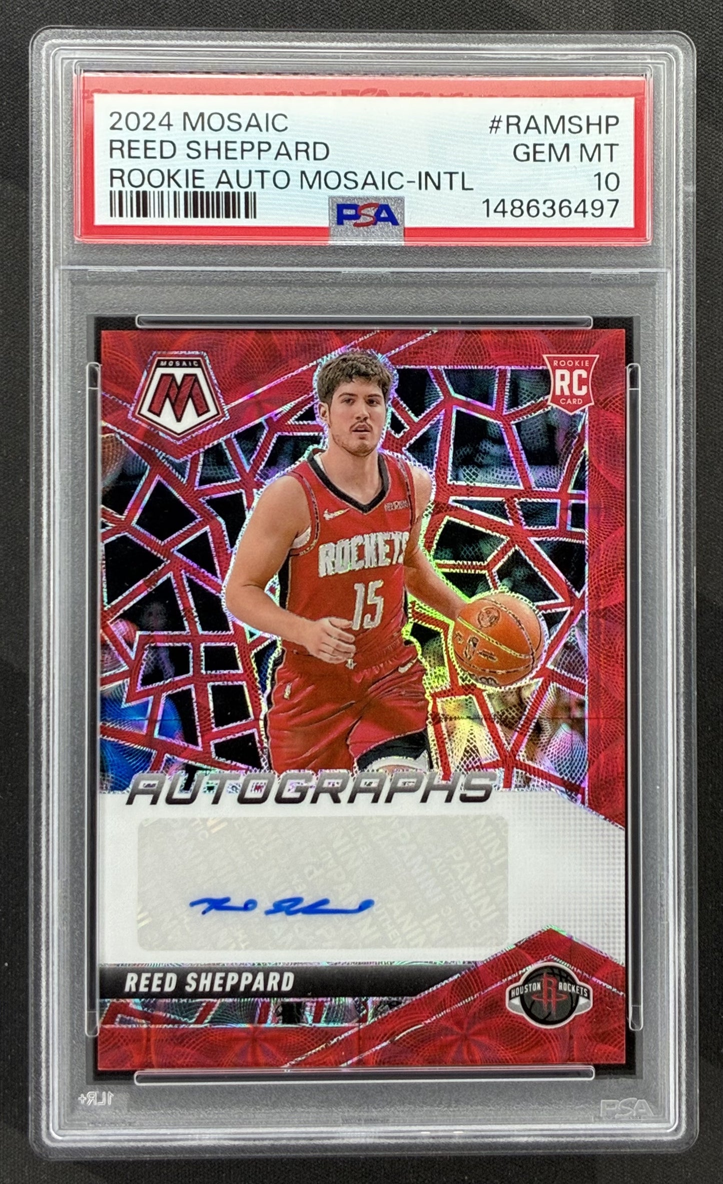2024-25 Panini Mosaic Reed Sheppard Rookie Autographs Red International Houston Rockets RC autograph graded PSA 10 Gem Mint.