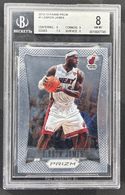 2012-13 Panini Prizm LeBron James #1 first-year Prizm Miami Heat basketball card graded BGS 8 NM-MT.