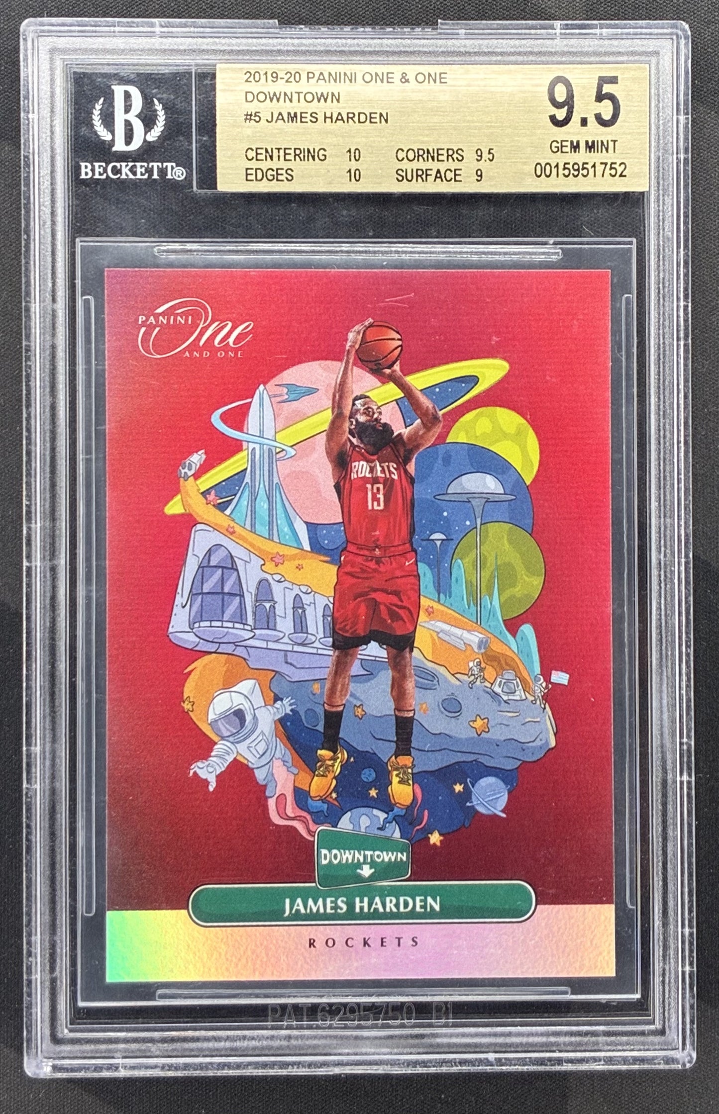 2019-20 Panini One and One James Harden Downtown SSP #5 Houston Rockets basketball card graded BGS 9.5 Gem Mint.