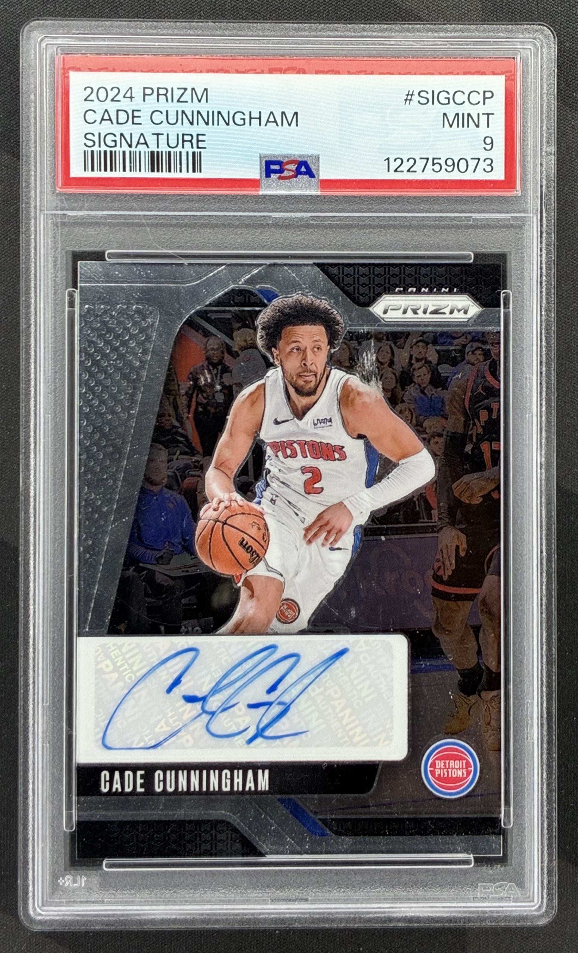 2024-25 Panini Prizm Cade Cunningham Signatures #SIG-CCP Detroit Pistons autograph basketball card graded PSA 9 Mint.