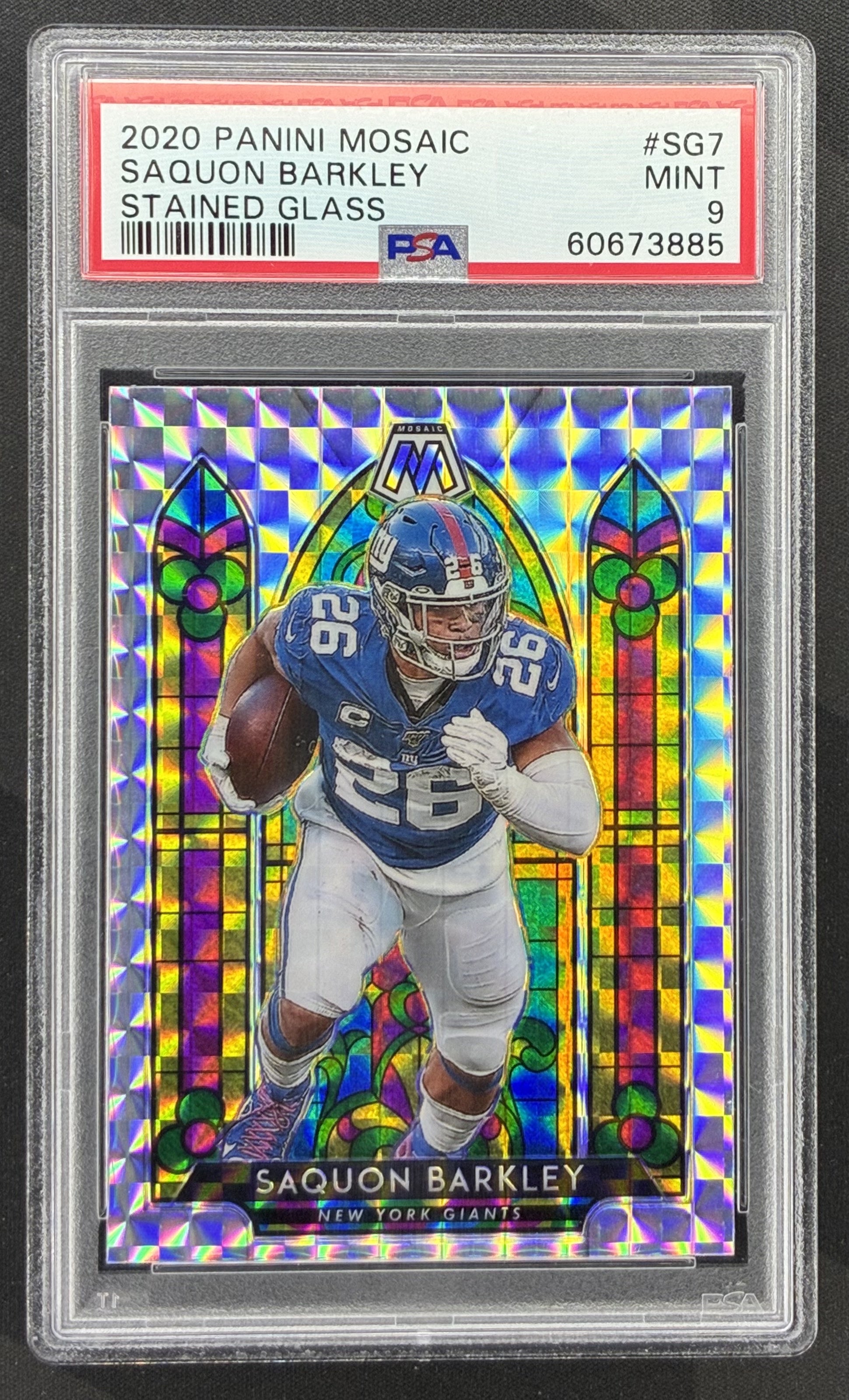 2020 Panini Mosaic Saquon Barkley Stained Glass SSP #SG7 New York Giants football card graded PSA 9 Mint.