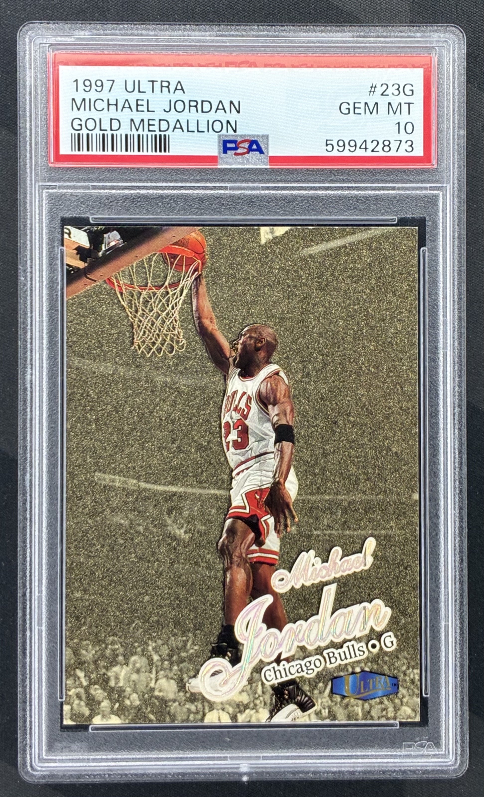1997-98 Fleer Ultra Michael Jordan #23G Gold Medallion Edition Chicago Bulls basketball card graded PSA 10 Gem Mint.