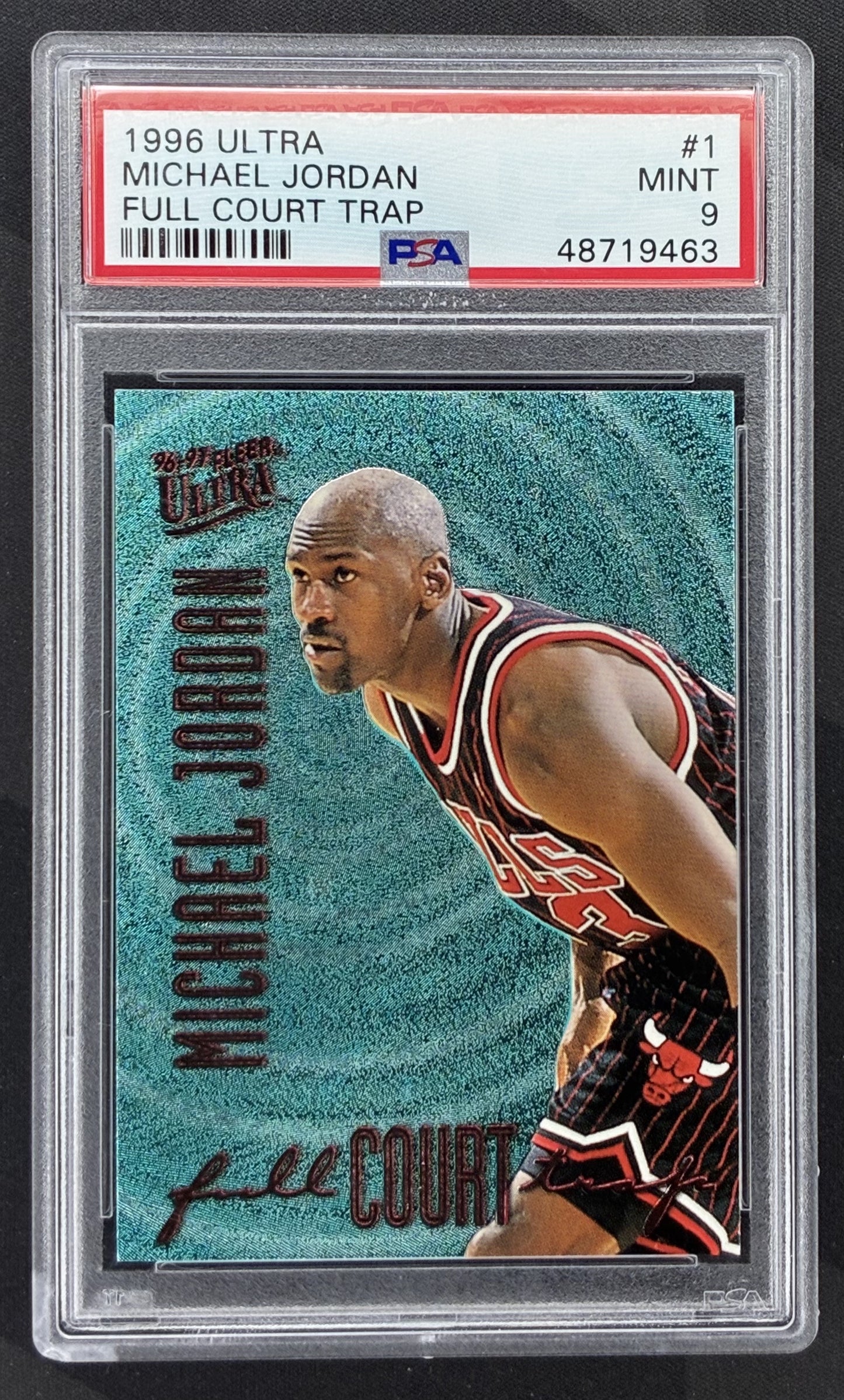 1996-97 Fleer Ultra Michael Jordan Full Court Trap #1 Chicago Bulls basketball insert graded PSA 9 Mint.