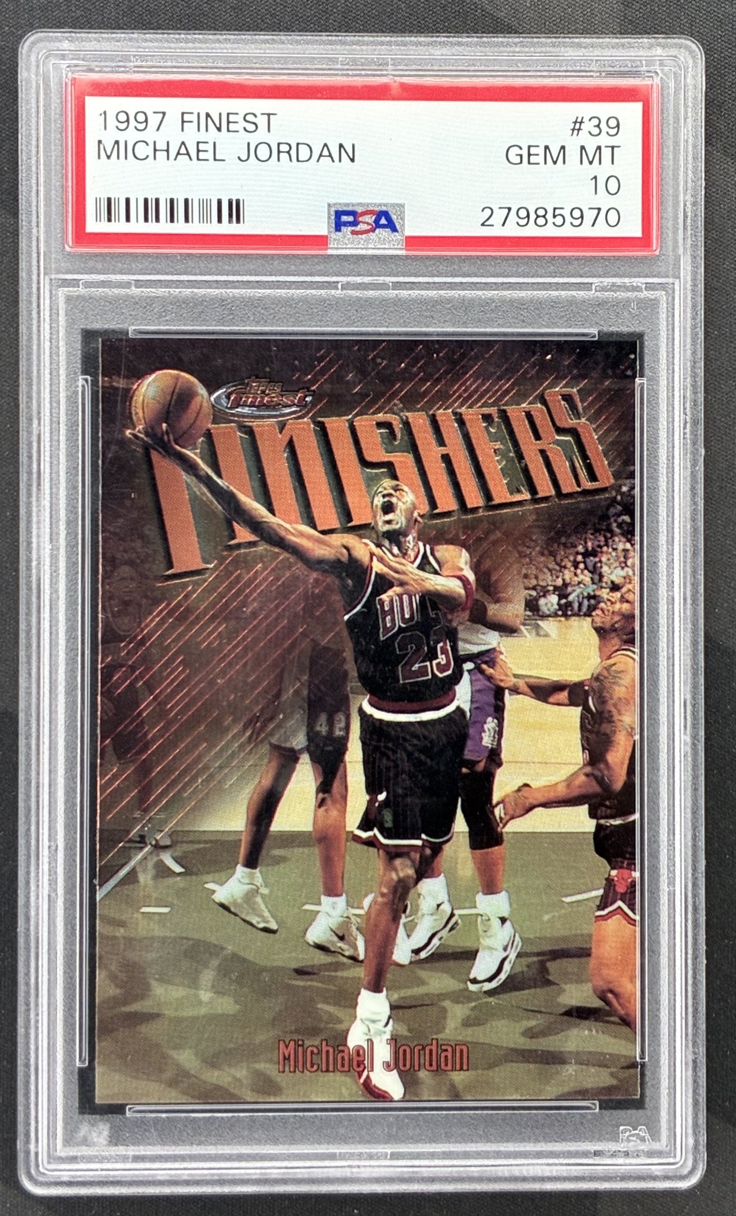1997-98 Topps Finest Michael Jordan Bronze Finishers #39 Chicago Bulls basketball card graded PSA 10 Gem Mint.