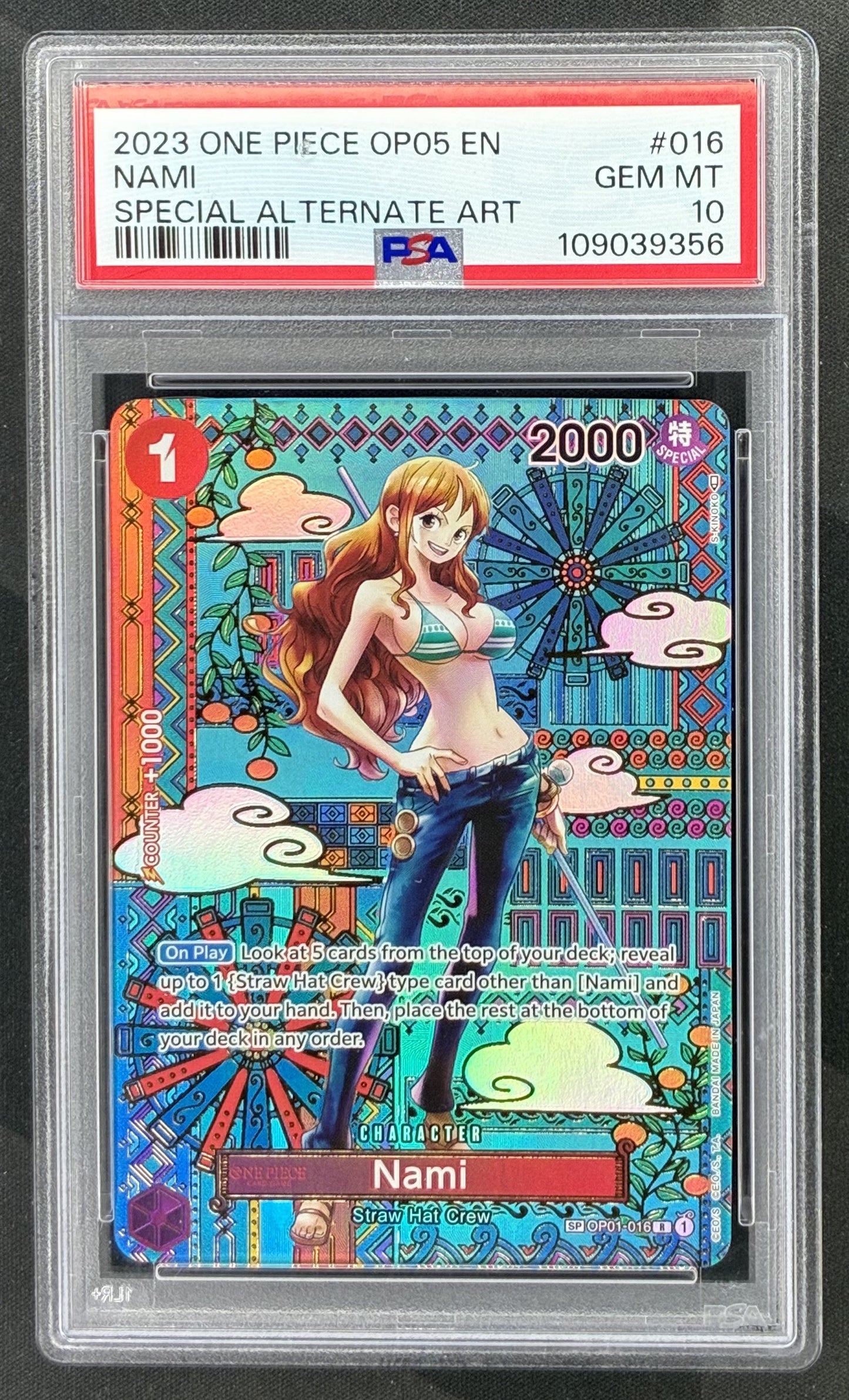 2023 One Piece OP05 Awakening of the New Era Nami OP01-016 SP Special Alternate Art English card graded PSA 10 Gem Mint.