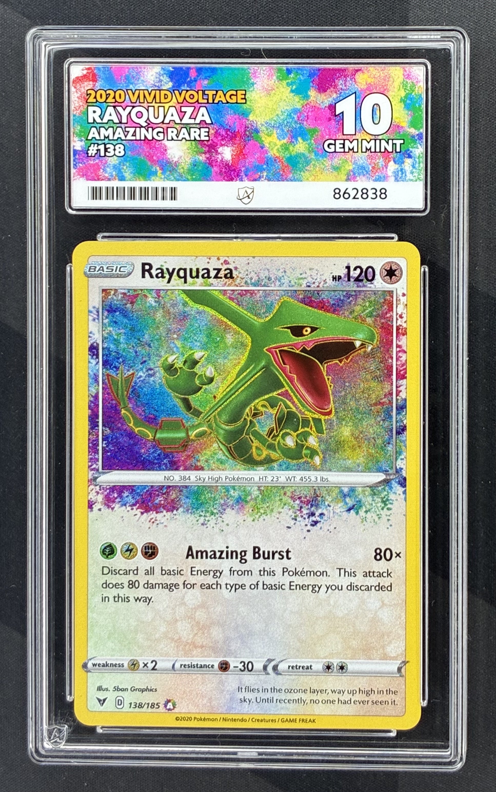 2020 Pokémon Vivid Voltage Rayquaza Amazing Rare 138/185 card graded ACE 10 Gem Mint.