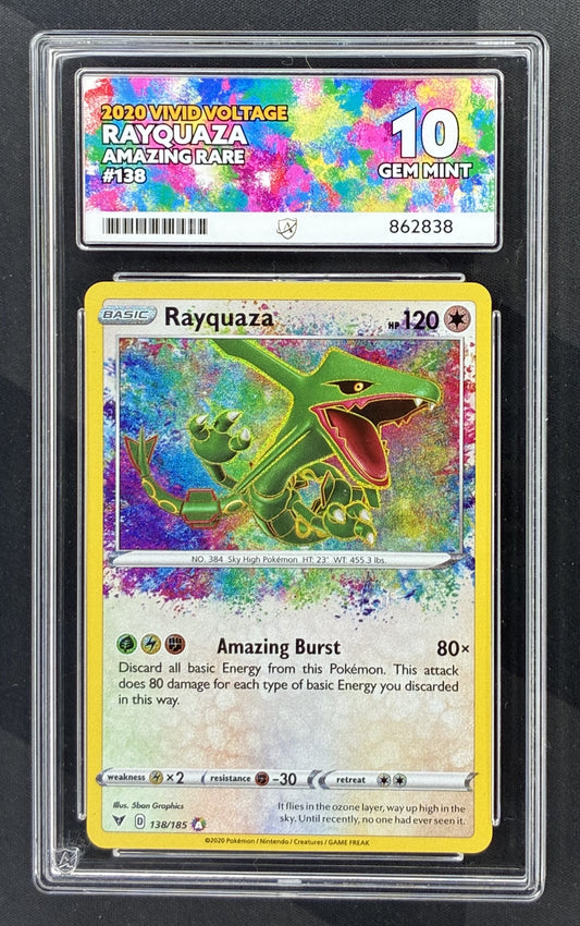 2020 Pokémon Vivid Voltage Rayquaza Amazing Rare 138/185 card graded ACE 10 Gem Mint.