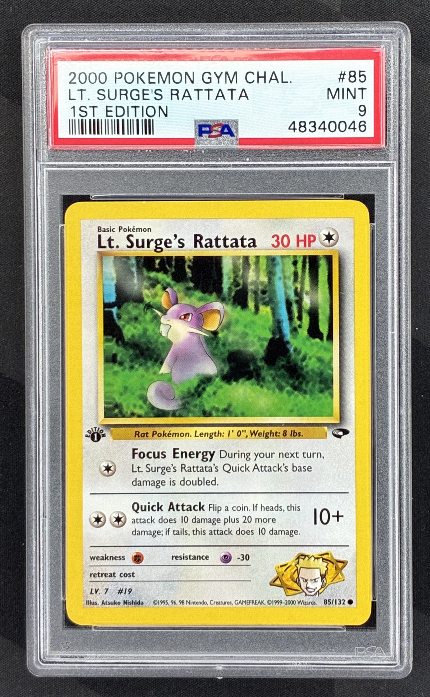 2000 Pokémon Gym Challenge Lt. Surge's Rattata 85/132 1st Edition card graded PSA 9 Mint.