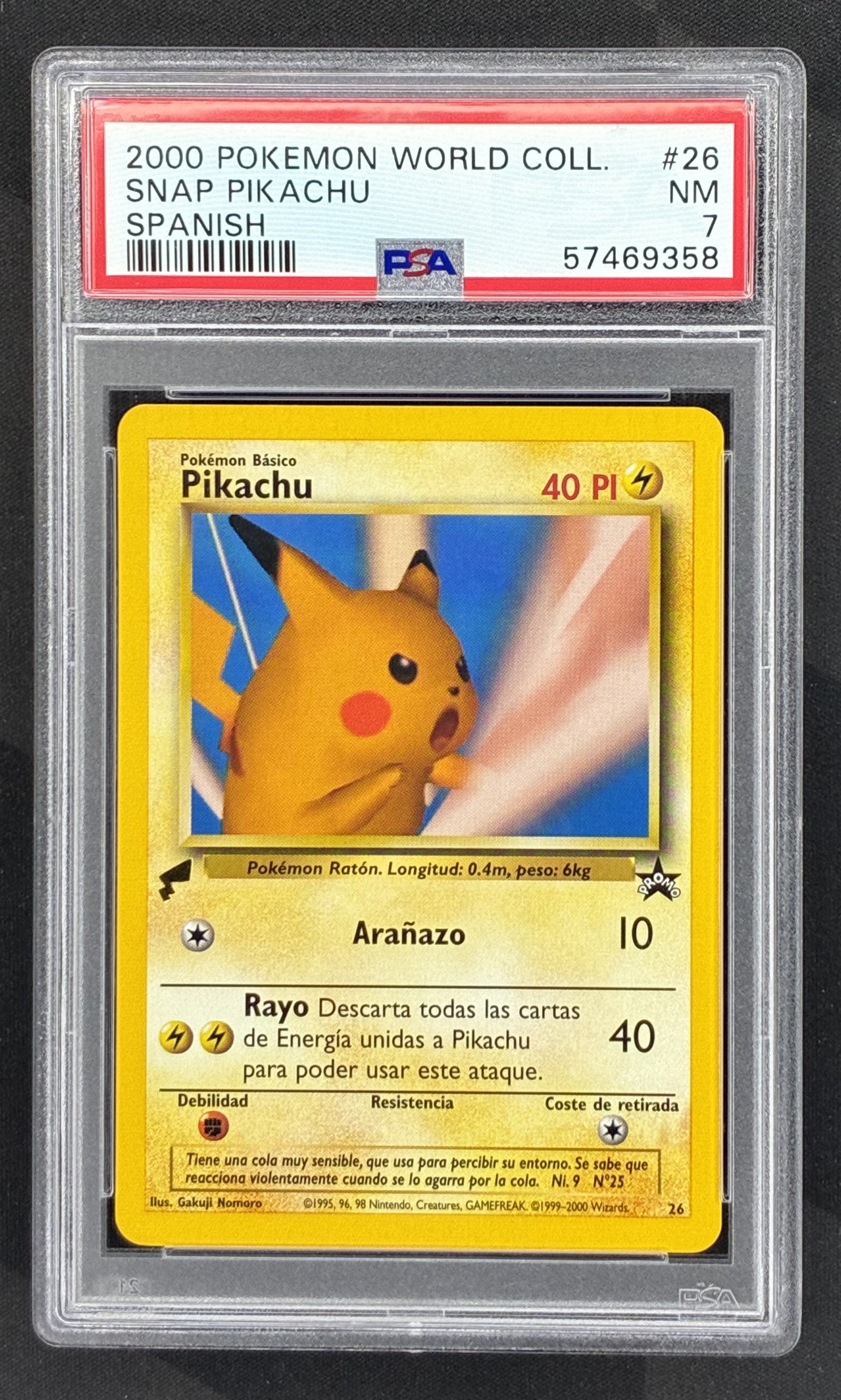 2000 Pokémon Pikachu World Collection Spanish Snap Pikachu #26 graded PSA 7 Near Mint.