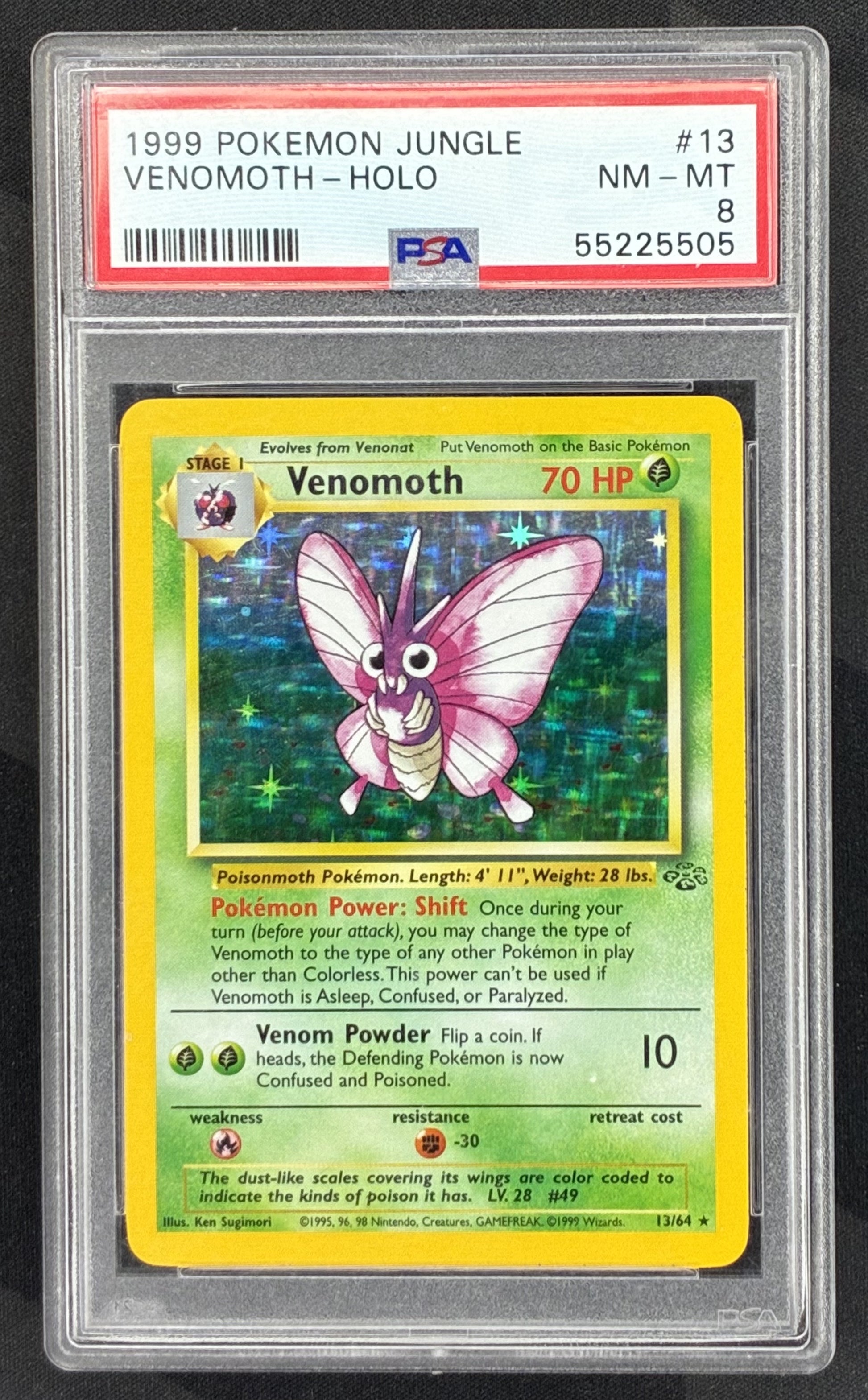 1999 Pokémon Jungle Venomoth Holo 13/64 Unlimited graded PSA 8 Near Mint-Mint.