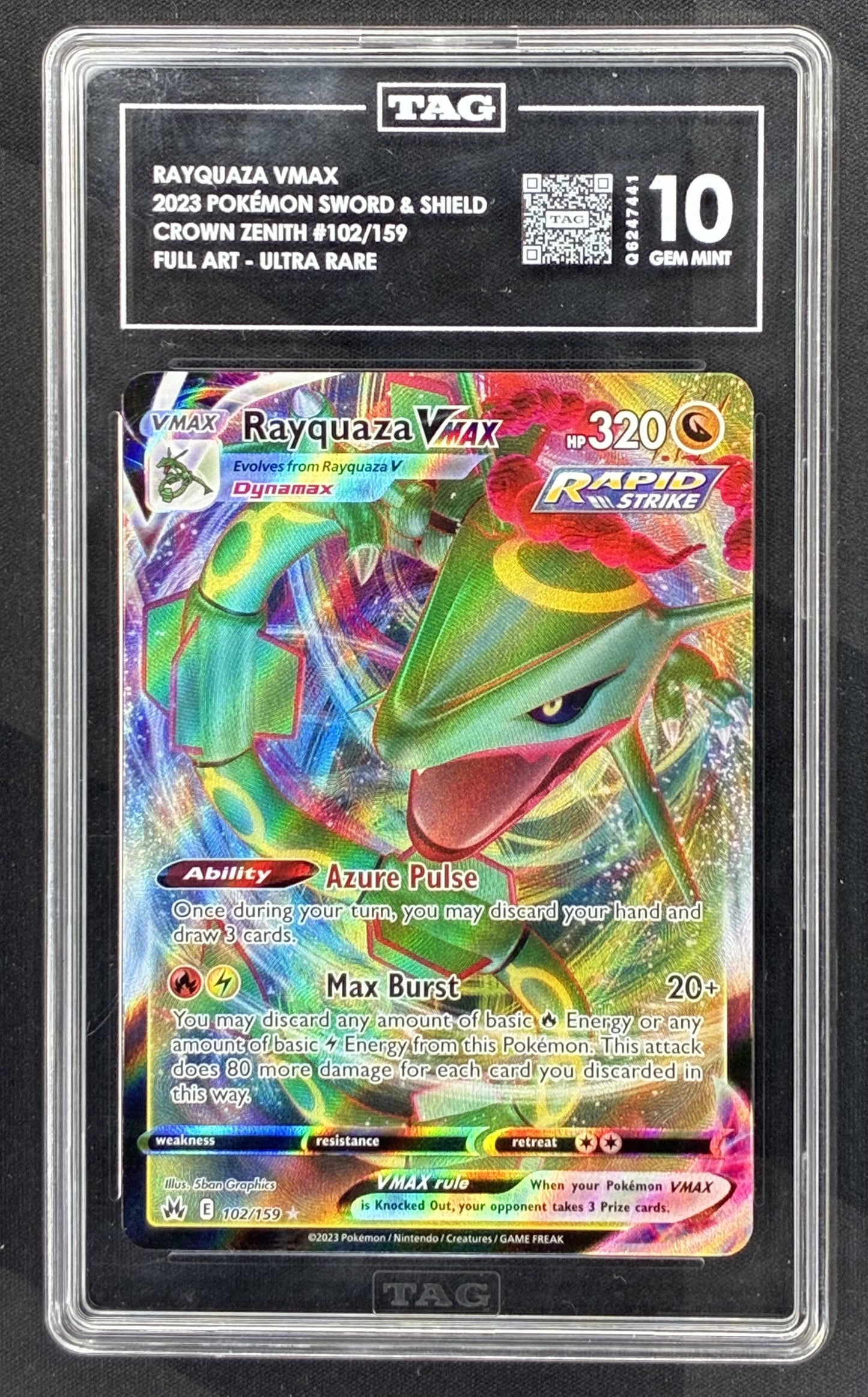 2023 Pokémon Crown Zenith Rayquaza VMAX 102/159 graded TAG 10 Gem Mint.
