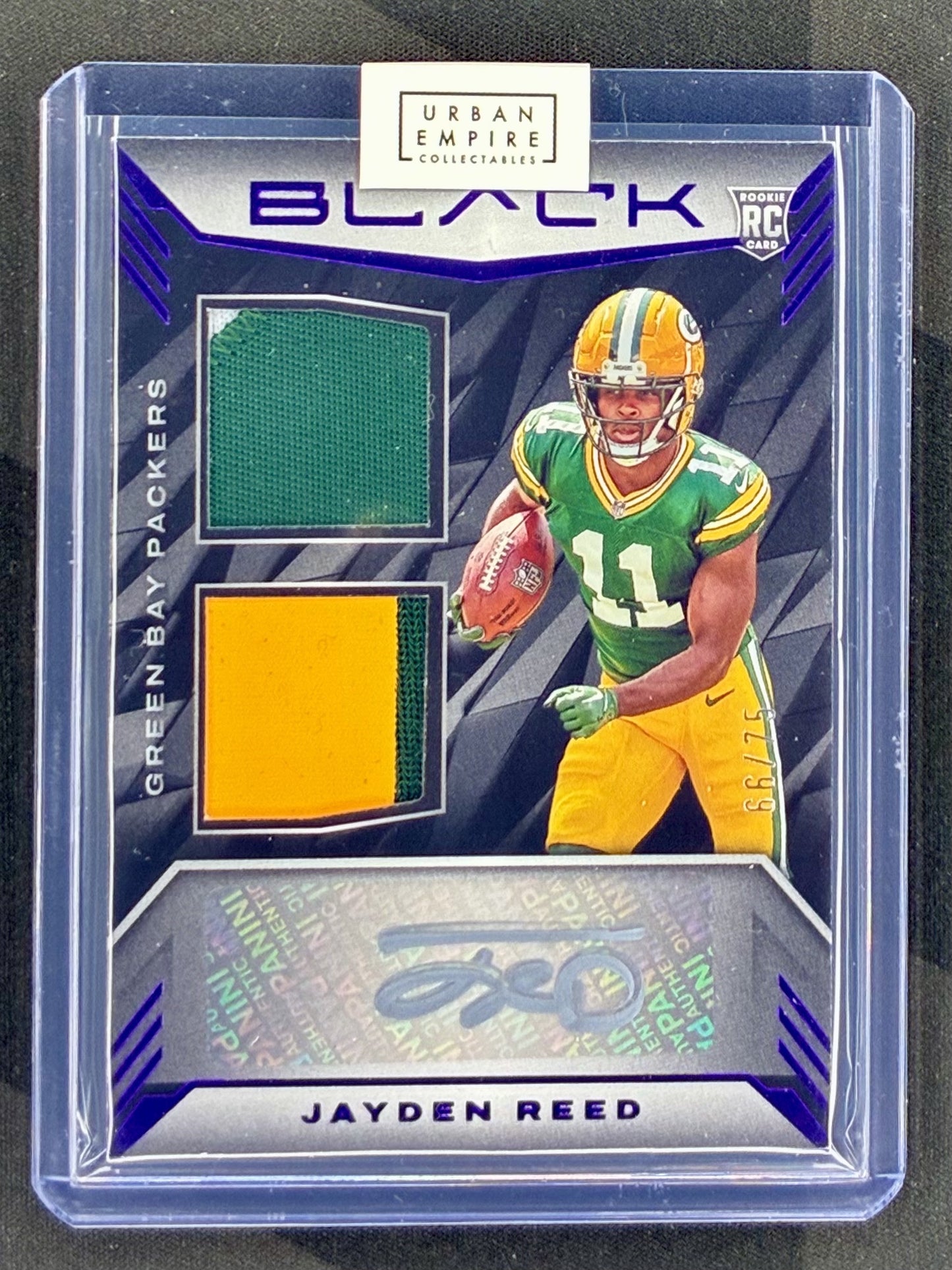 2023 Panini Black Jayden Reed Rookie Signature Materials Royal RSM-28 autograph memorabilia card numbered /75.