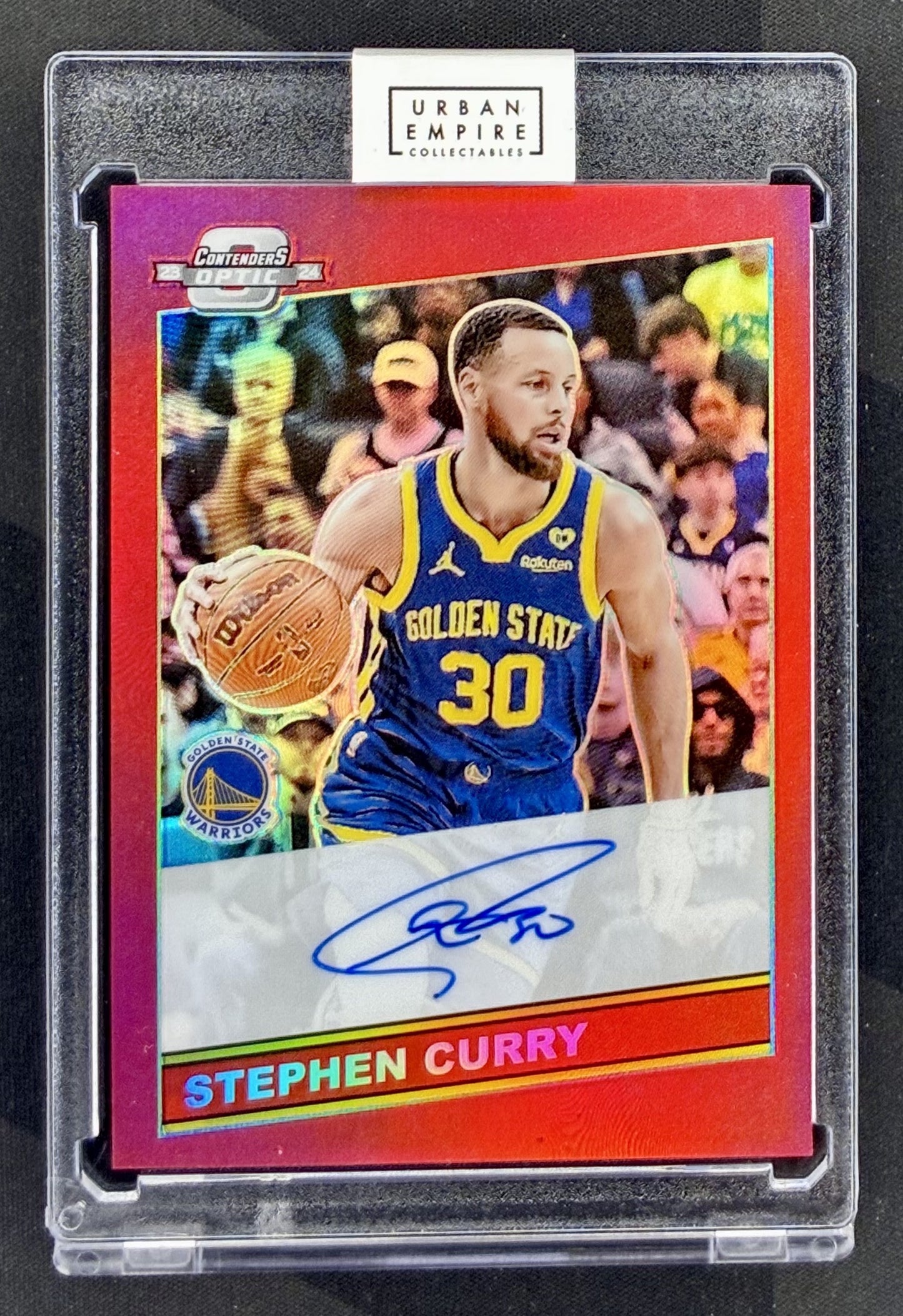 2023-24 Panini Contenders Optic Stephen Curry 1986 Tribute Autograph Red #86-STC numbered /49.