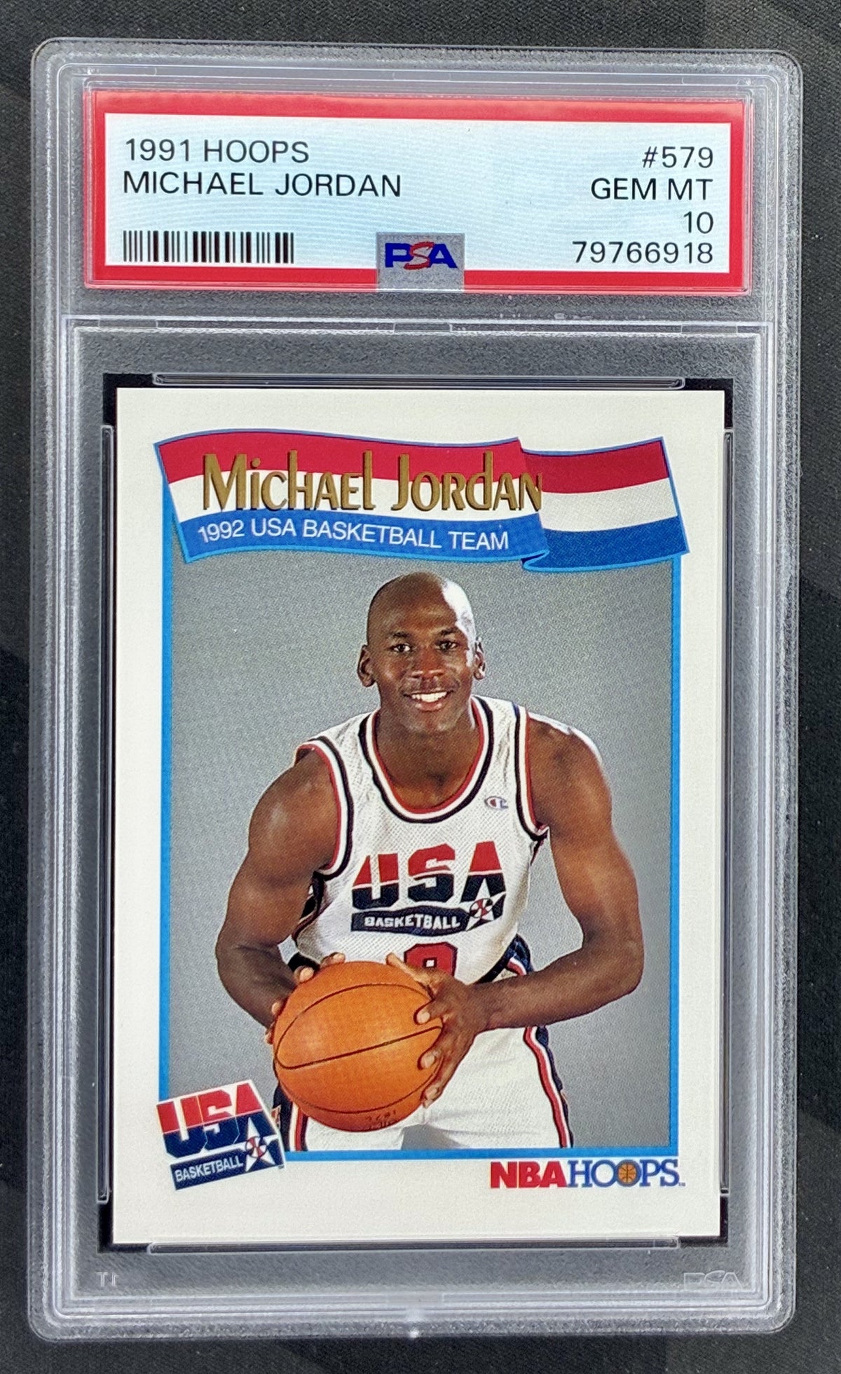 1991 Hoops Michael Jordan USA Basketball #579 graded PSA 10 Gem Mint.