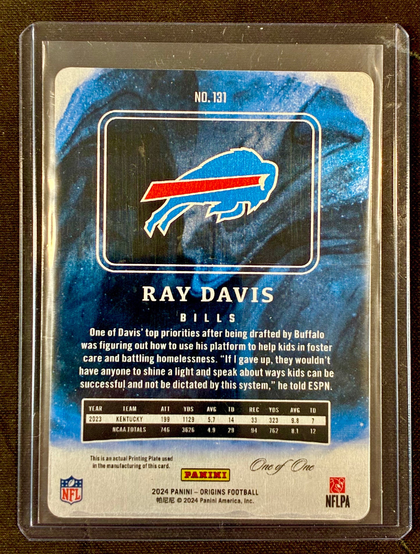 2024 Panini Origins Ray Davis Rookie Printing Plate 1/1 #131 Buffalo Bills