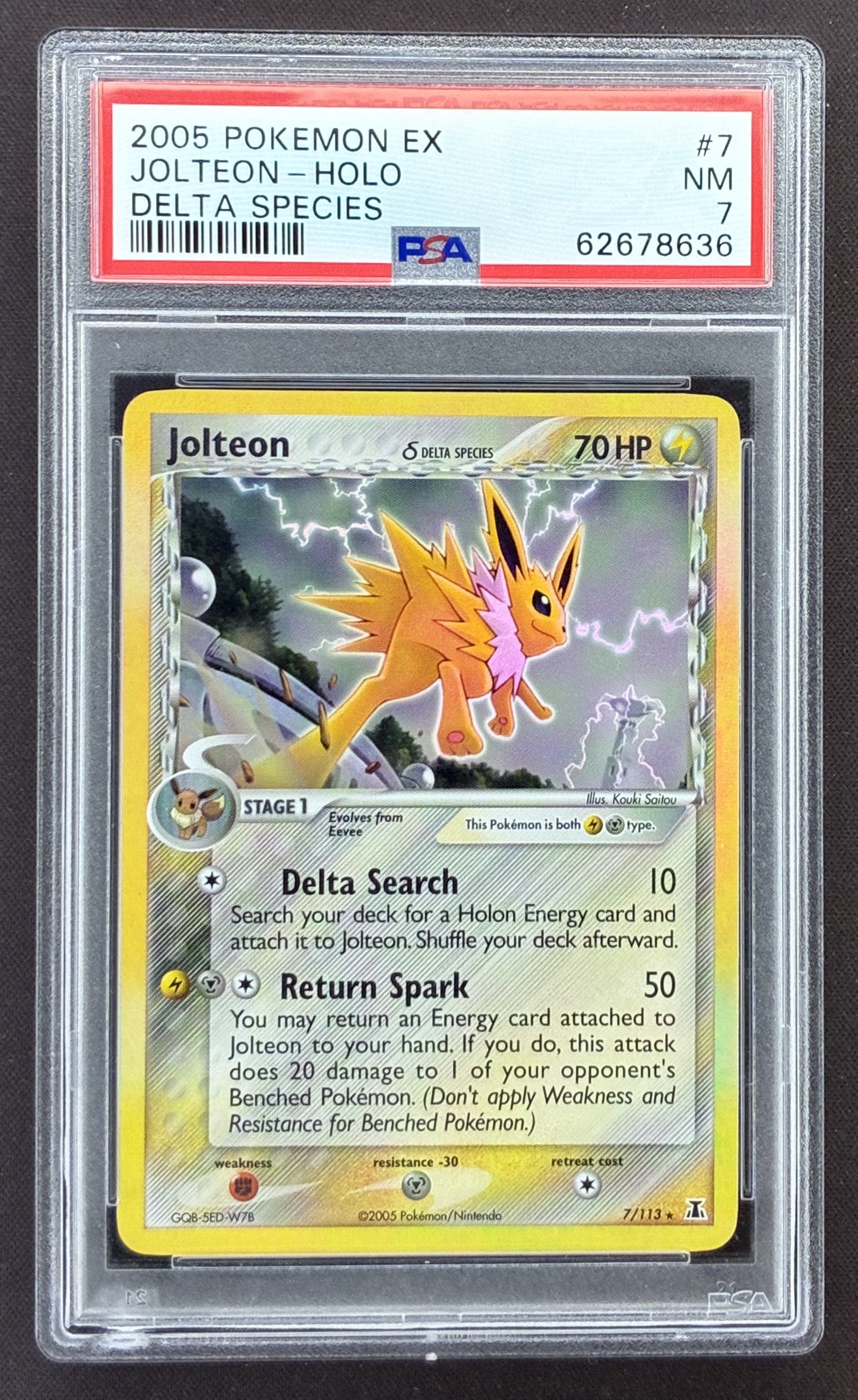2005 Pokémon EX Delta Species Jolteon Holo 7/113 graded PSA 7 Near Mint.