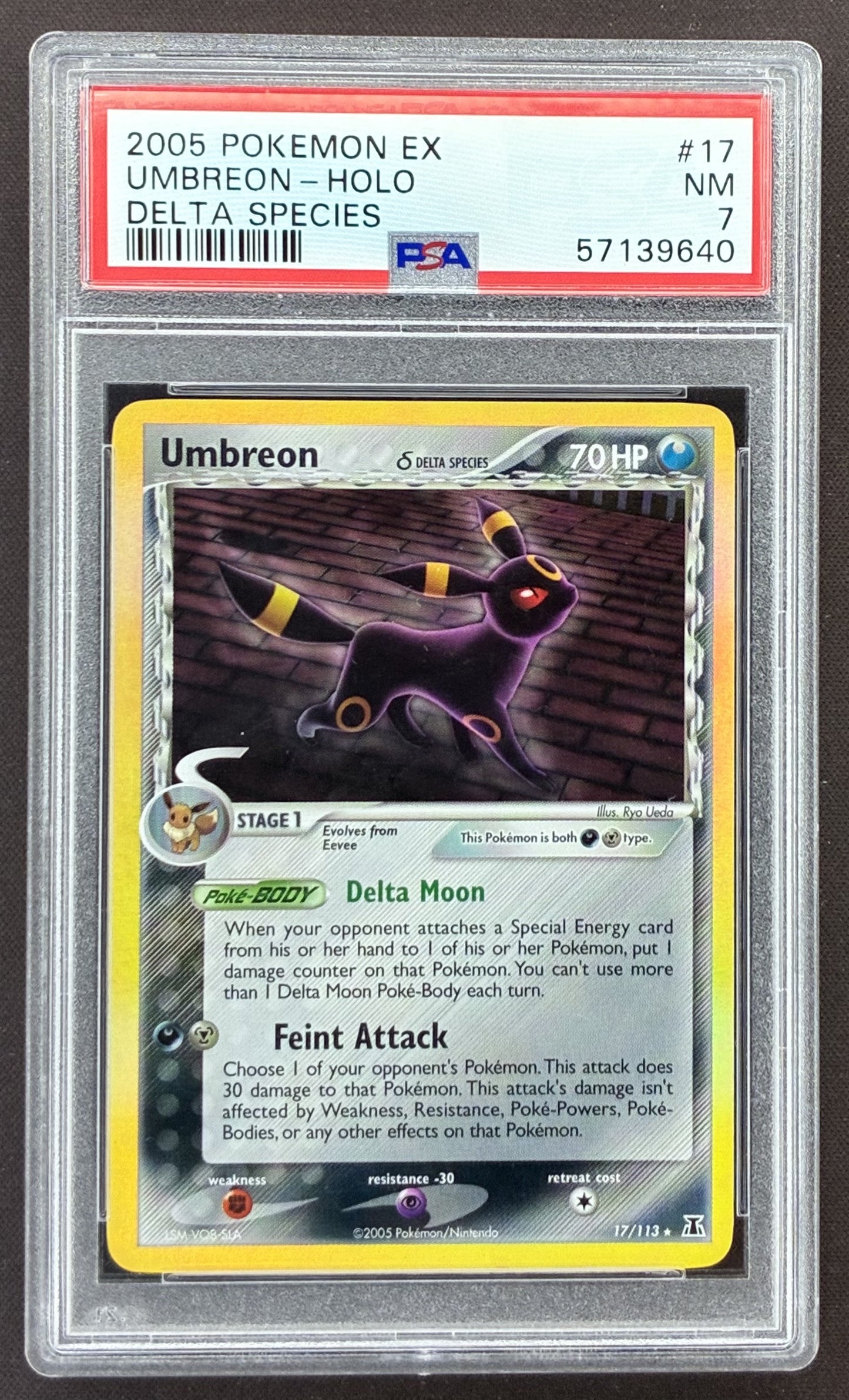 2005 Pokémon EX Delta Species Umbreon Holo 17/113 graded PSA 7 Near Mint.