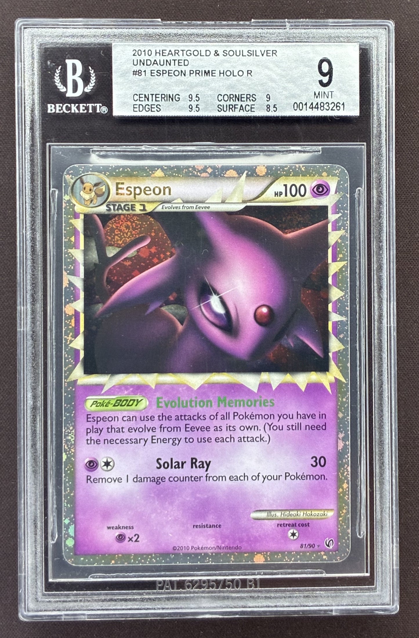 2010 Pokémon HS Undaunted Espeon Prime Holo 81/90 with swirl graded BGS 9 Mint.