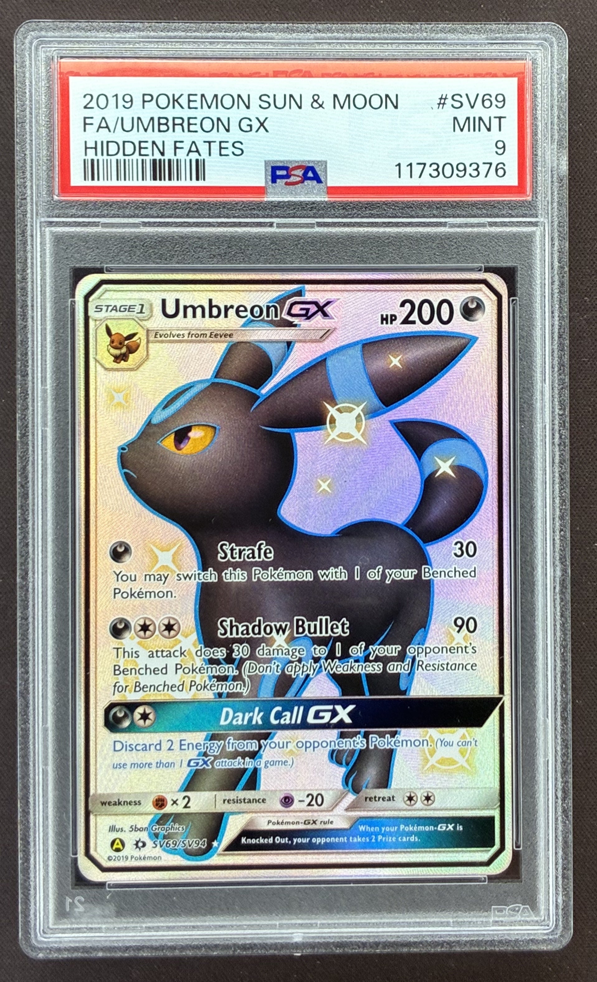 2019 Pokémon Hidden Fates Shiny Vault Umbreon GX SV69/SV94 graded PSA 9 Mint.