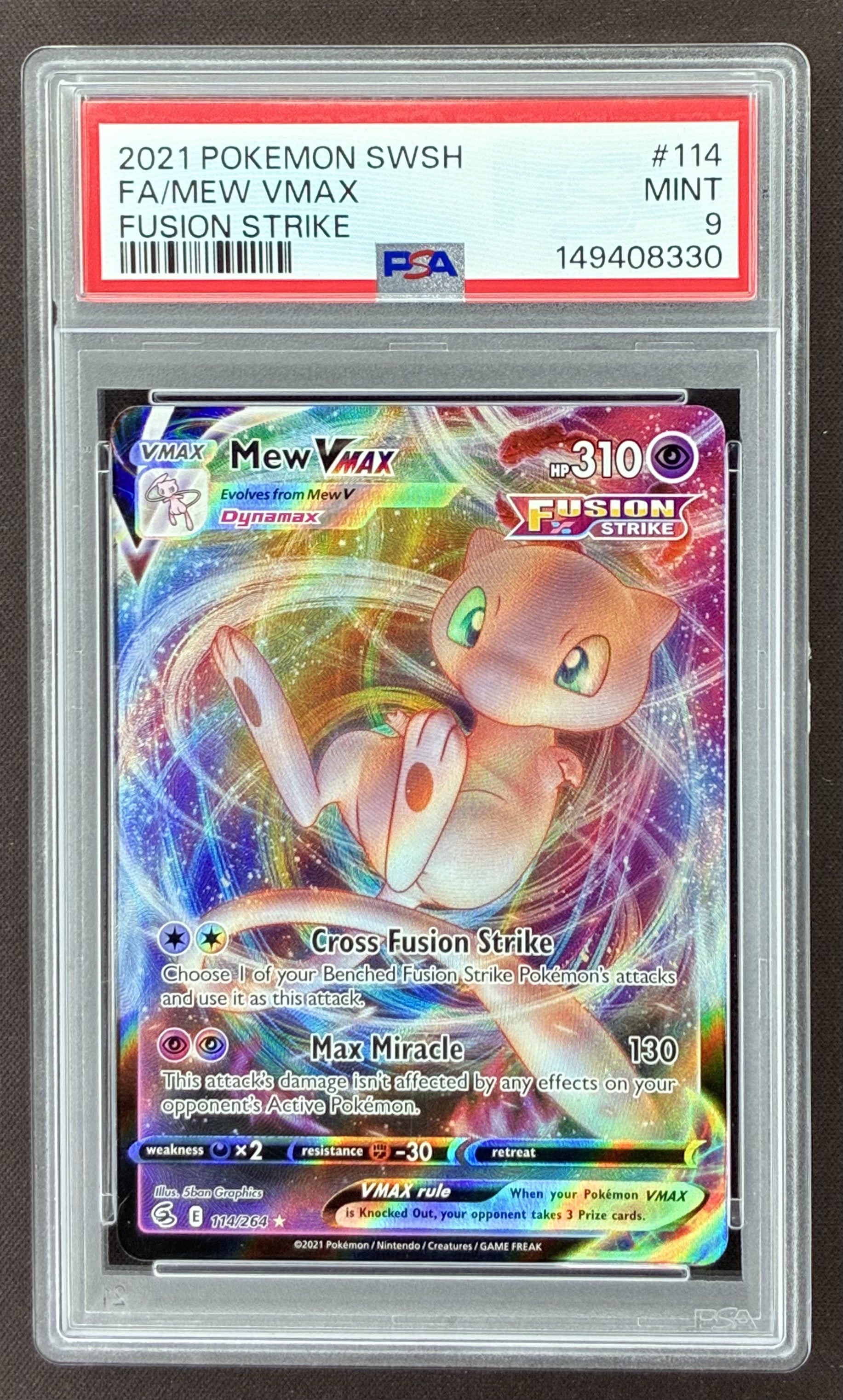 2021 Pokémon Fusion Strike Mew VMAX Holo 114/264 graded PSA 9 Mint.