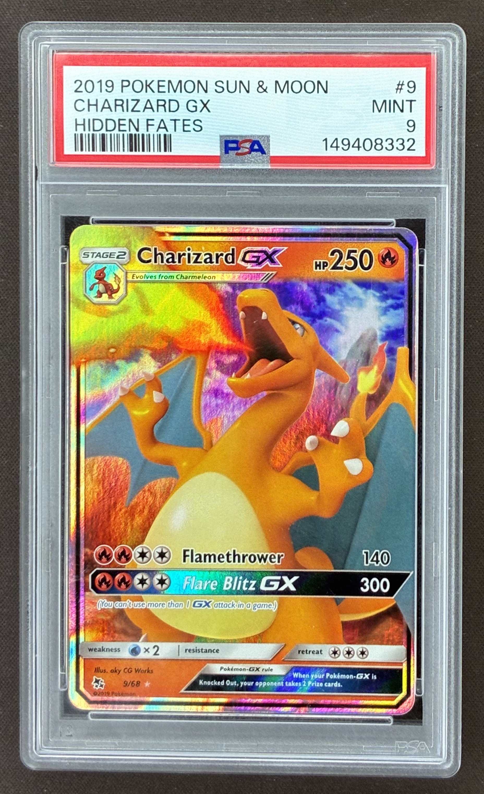 2019 Pokémon Hidden Fates Charizard GX Holo 9/68 graded PSA 9 Mint.