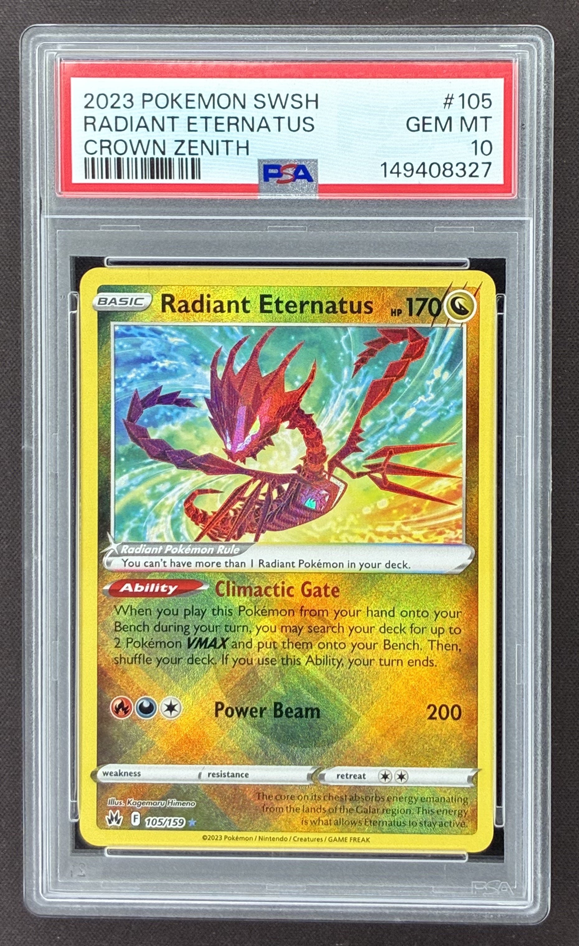2023 Pokémon Crown Zenith Radiant Eternatus Radiant Rare Holo 105/159 graded PSA 10 Gem Mint.