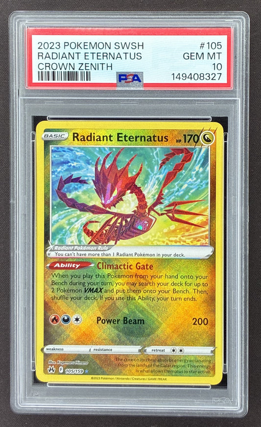 2023 Pokémon Crown Zenith Radiant Eternatus Radiant Rare Holo 105/159 graded PSA 10 Gem Mint.