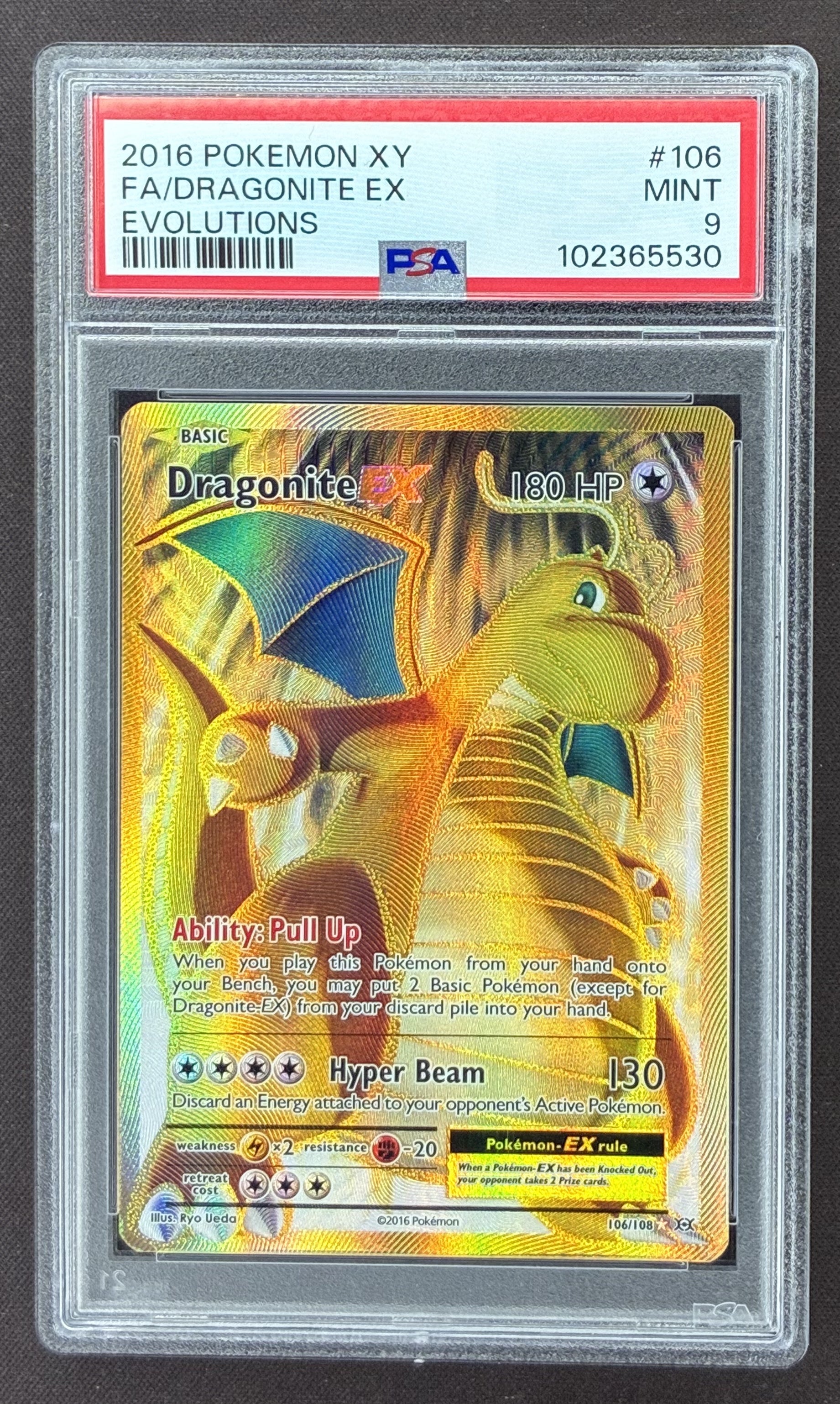 2016 Pokémon XY Evolutions Dragonite-EX Full Art 106/108 Ultra Rare PSA 9 Mint slab.