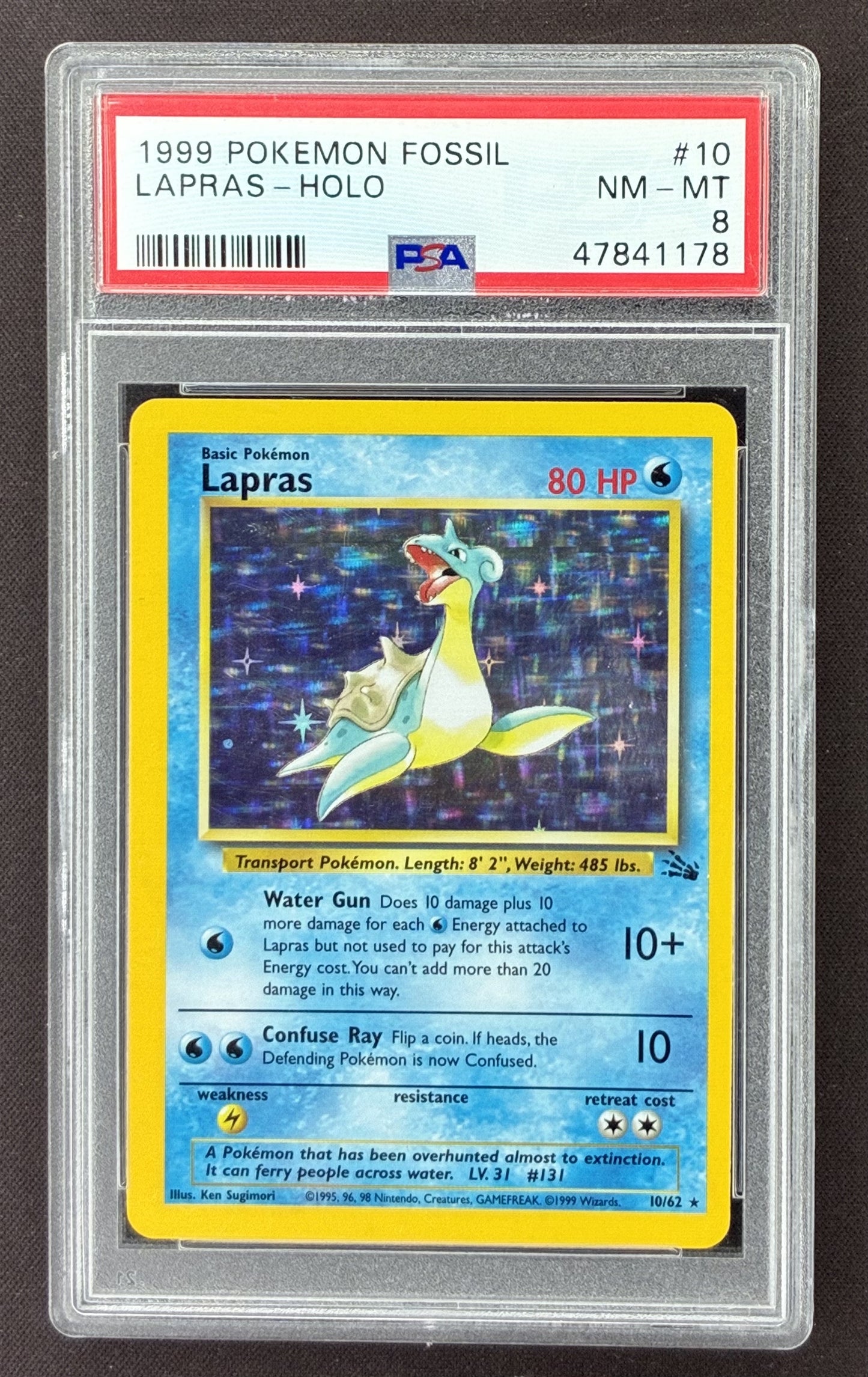 1999 Pokémon Fossil Lapras Holo Rare 10/62 PSA 8 Near Mint-Mint graded card.