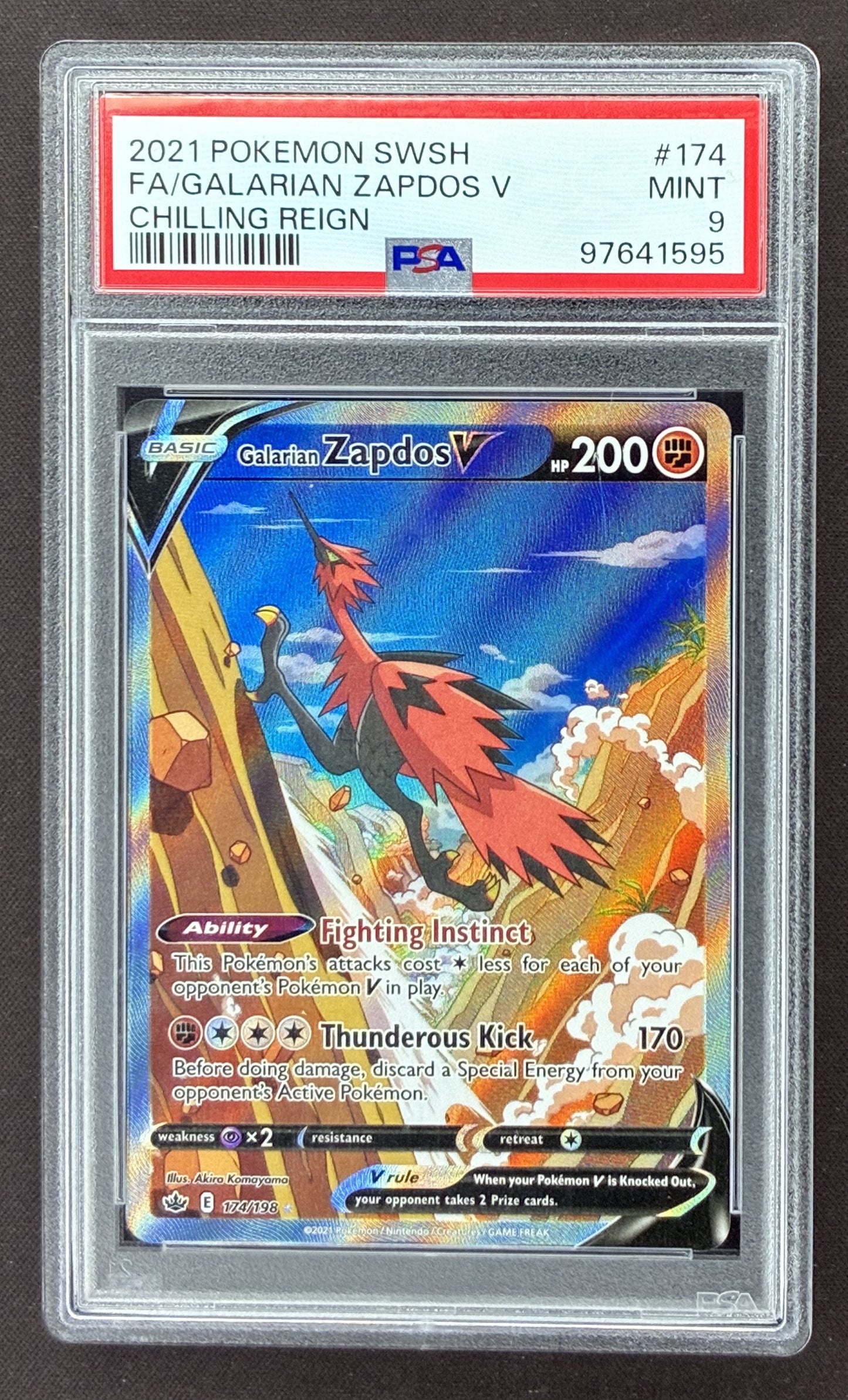 2021 Pokémon Chilling Reign Galarian Zapdos V 174/198 Alternate Full Art PSA 9 Mint graded card.