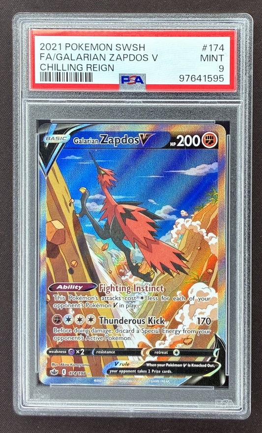 2021 Pokémon Chilling Reign Galarian Zapdos V 174/198 Alternate Full Art PSA 9 Mint graded card.