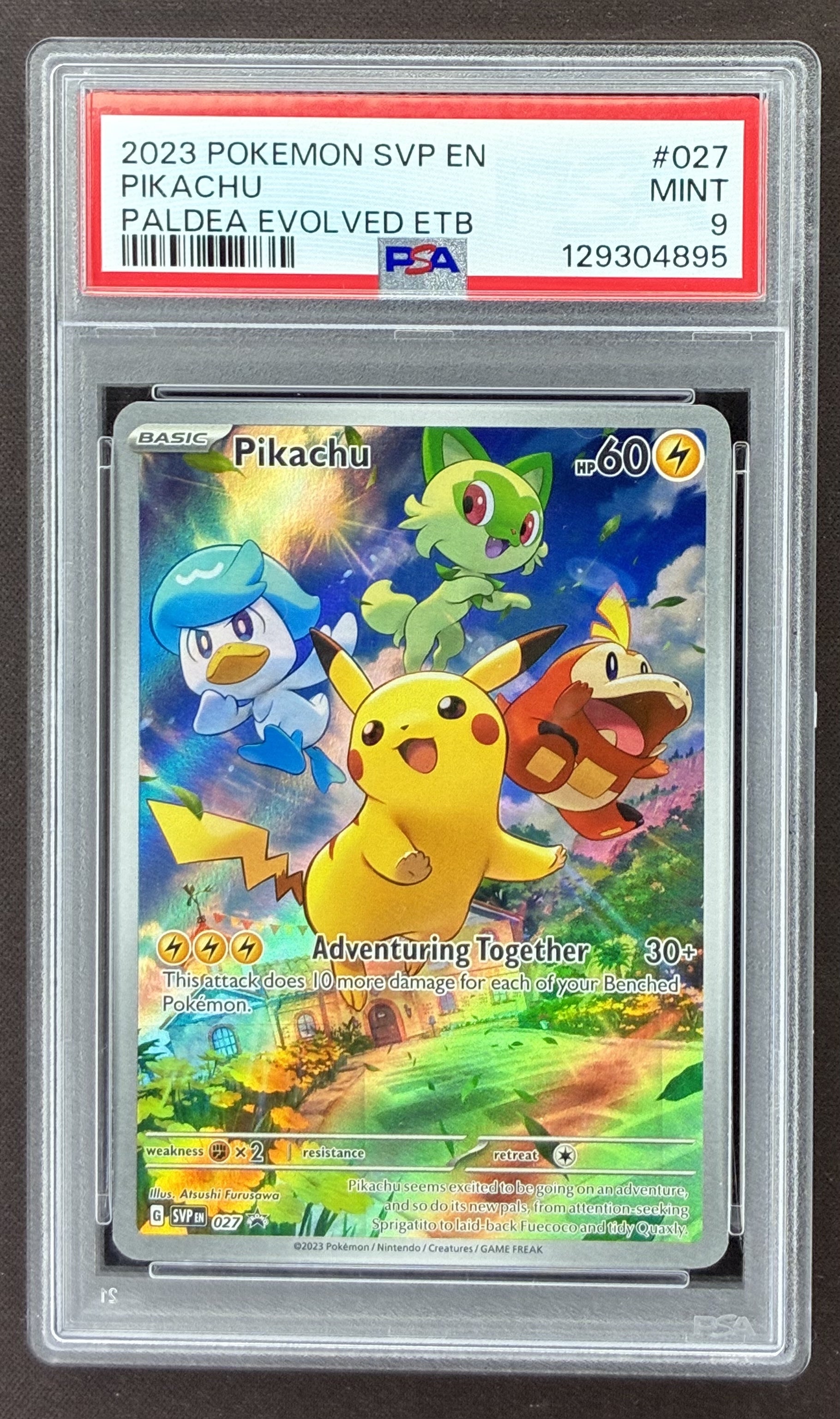 2023 Pokémon Pikachu SVP027 Paldea Evolved Elite Trainer Box Black Star Promo PSA 9 Mint graded card.