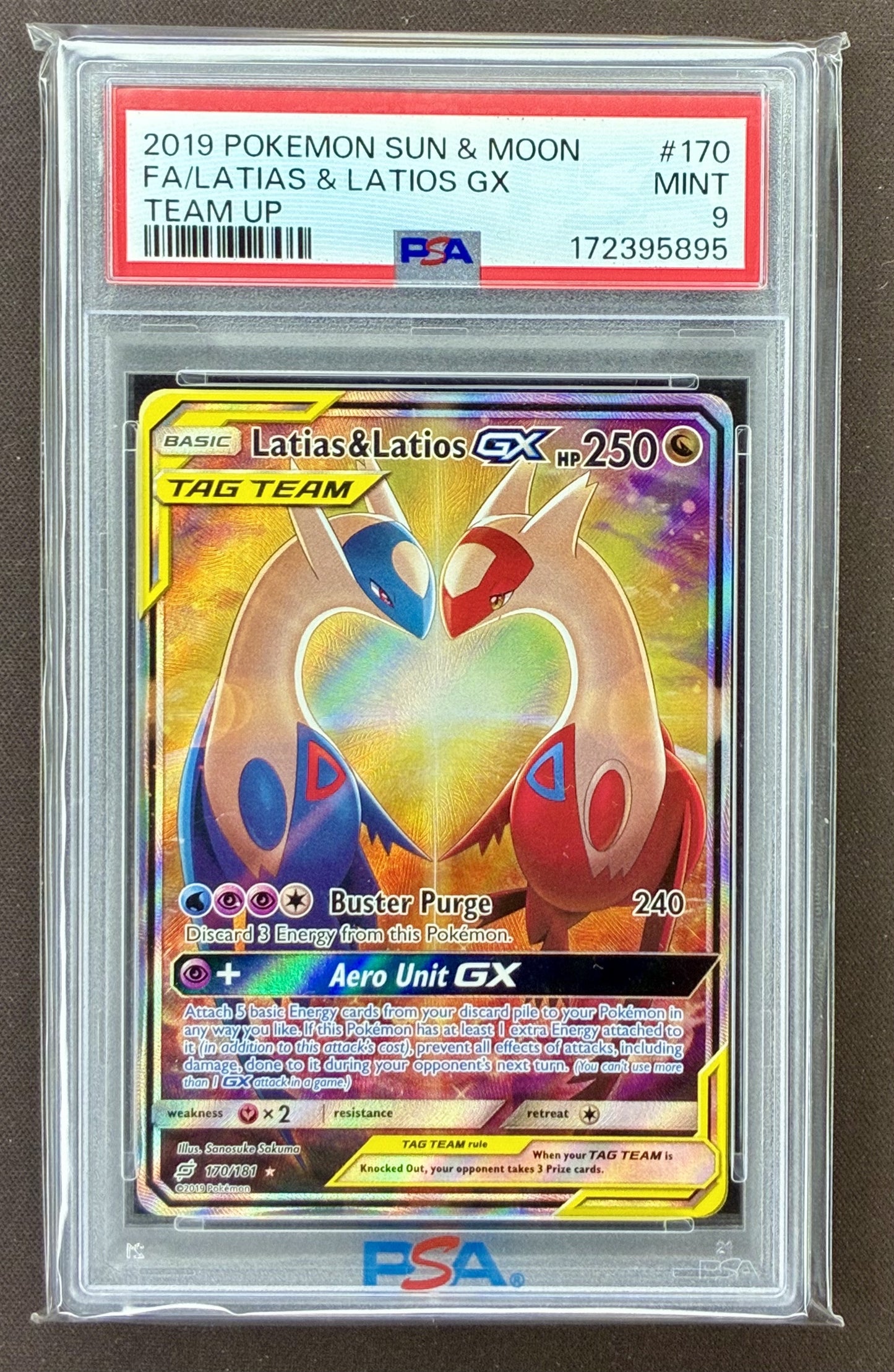 2019 Pokémon Team Up Latias & Latios-GX 170/181 Alternate Full Art TAG TEAM PSA 9 Mint graded card.