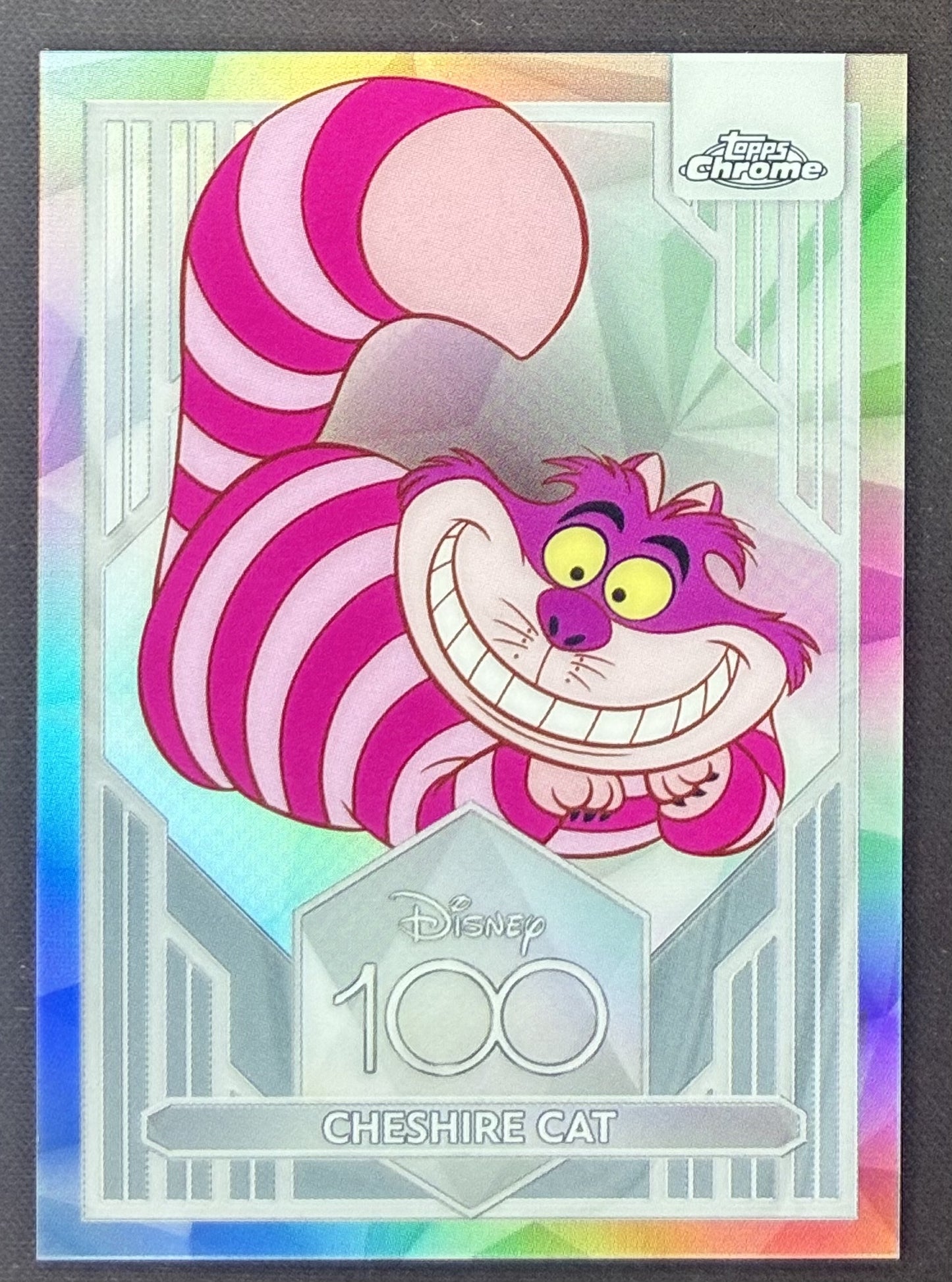 2023 Topps Chrome Disney 100 Cheshire Cat #79 Refractor trading card.