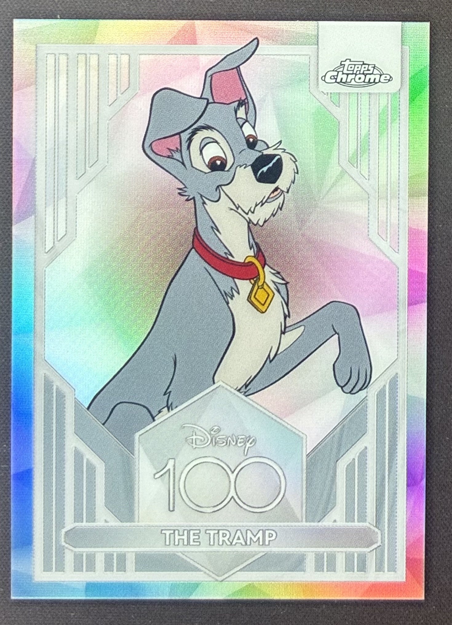 2023 Topps Chrome Disney 100 The Tramp #77 Refractor trading card.