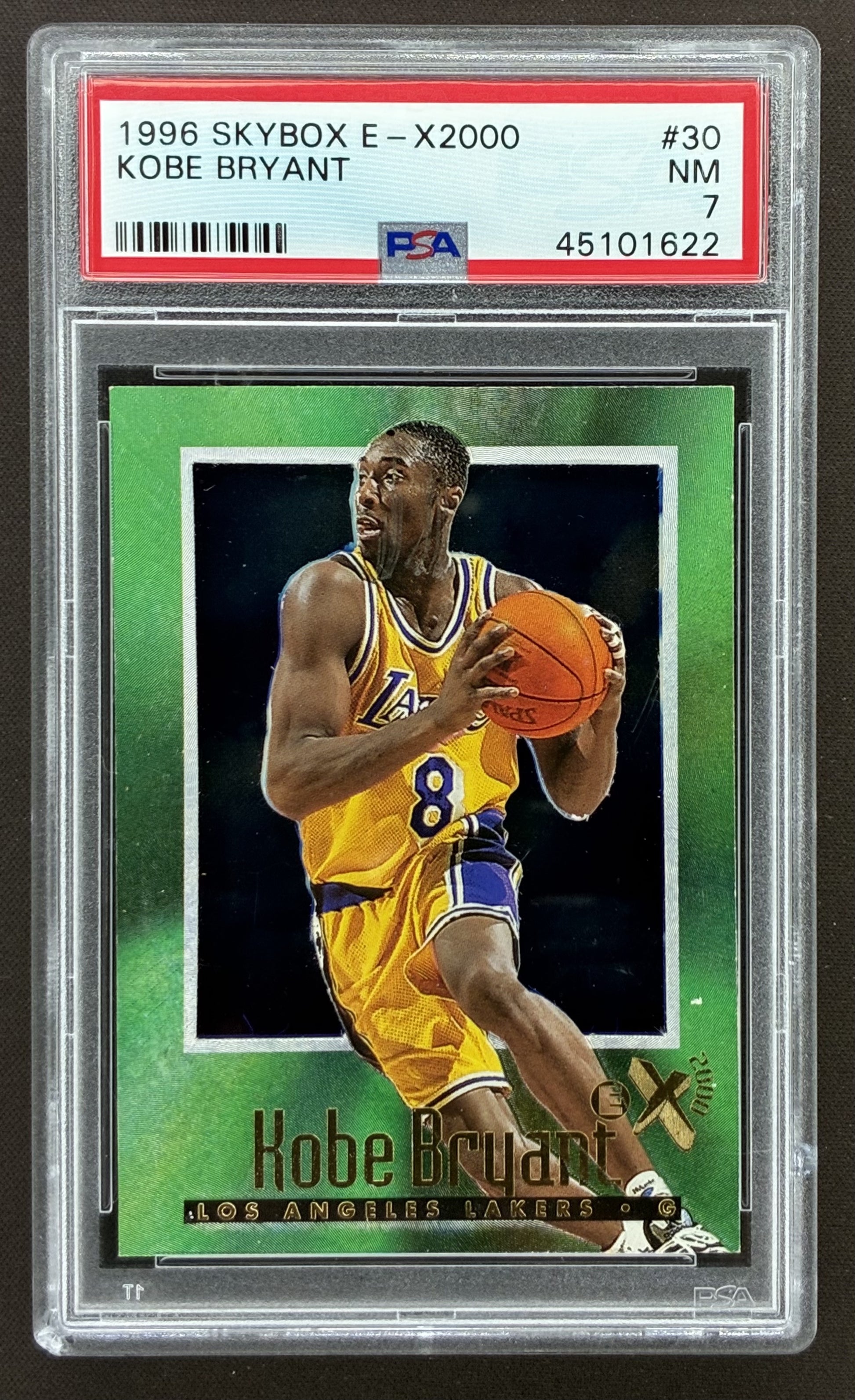 1996-97 SkyBox E-X2000 Kobe Bryant Los Angeles Lakers rookie card #30 graded PSA 7 Near Mint.