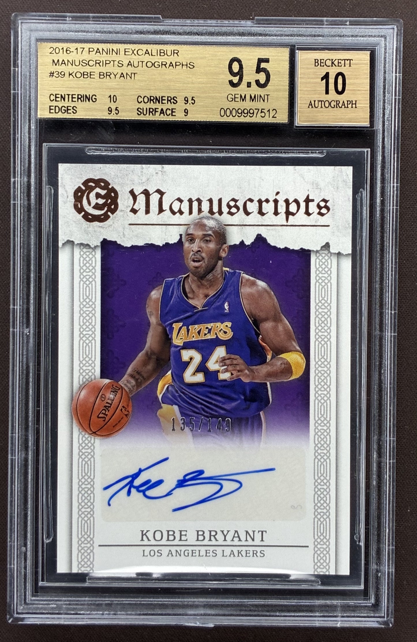 2016-17 Panini Excalibur Kobe Bryant Manuscripts autograph #M-KB numbered to 149, graded BGS 9.5 Gem Mint with Auto 10.