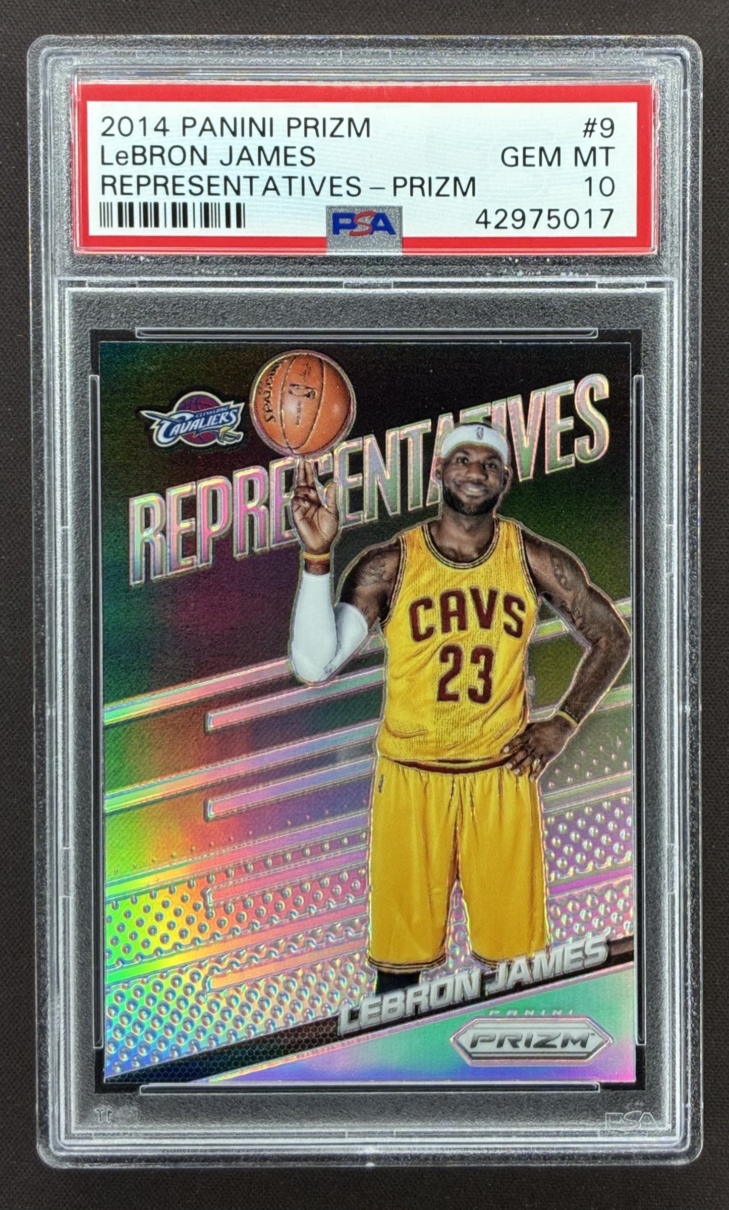 2014-15 Panini Prizm LeBron James Representatives #9 Silver Prizm Cleveland Cavaliers card graded PSA 10 Gem Mint.